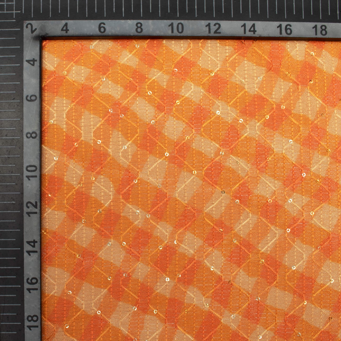 Carrot Orange And Mellow Yellow Checks Pattern Digital Print Sequins Embroidery Banglori Art Silk Fabric