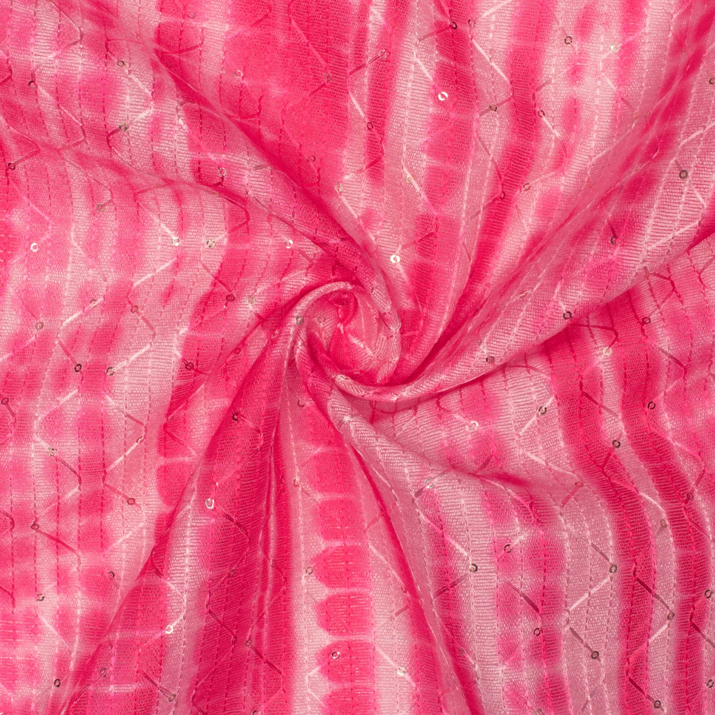 Magenta Pink Shibori Pattern Digital Print Sequins Embroidery Banglori Art Silk Fabric