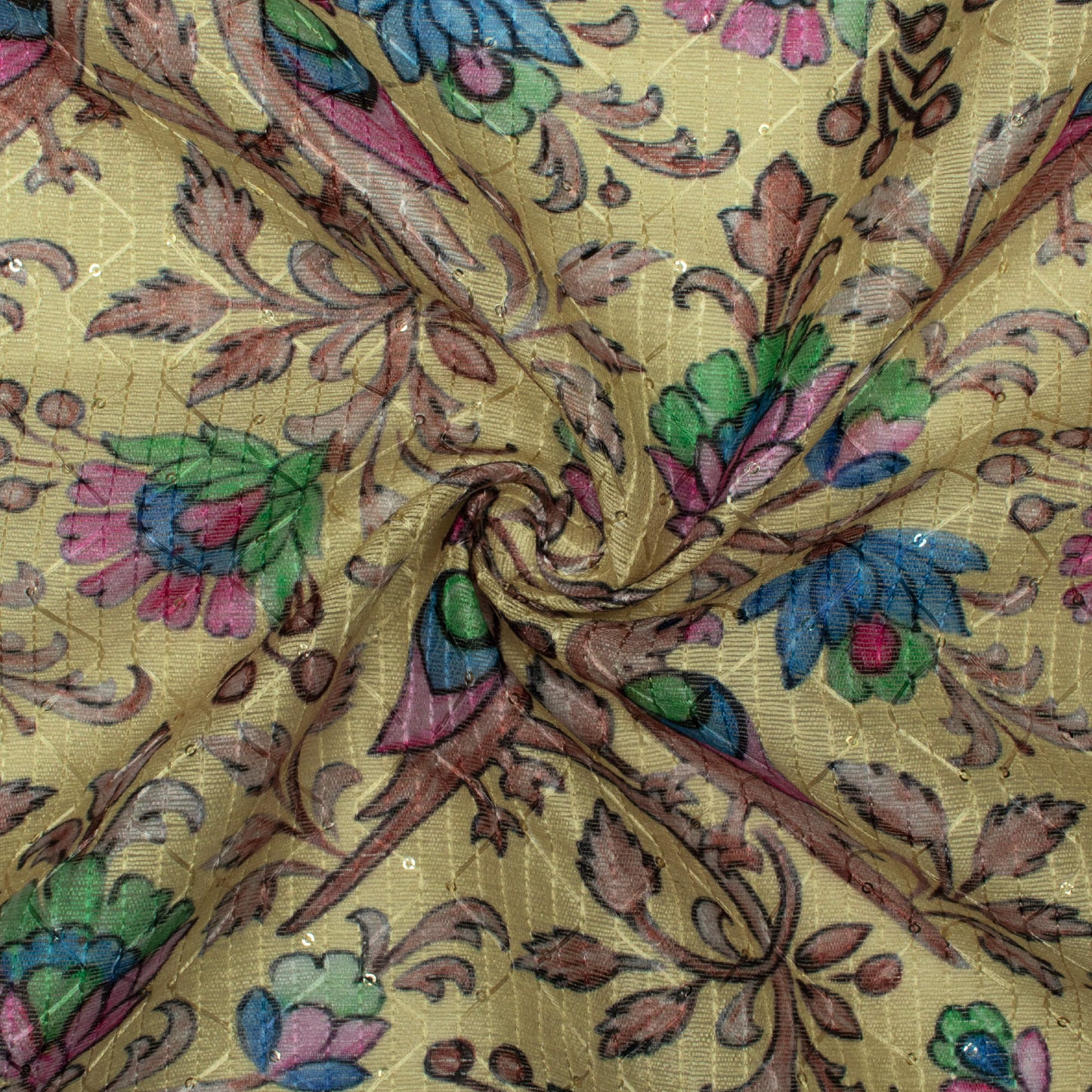 Pale Yellow And Azure Blue Floral Pattern Digital Print Sequins Embroidery Banglori Art Silk Fabric,Bird