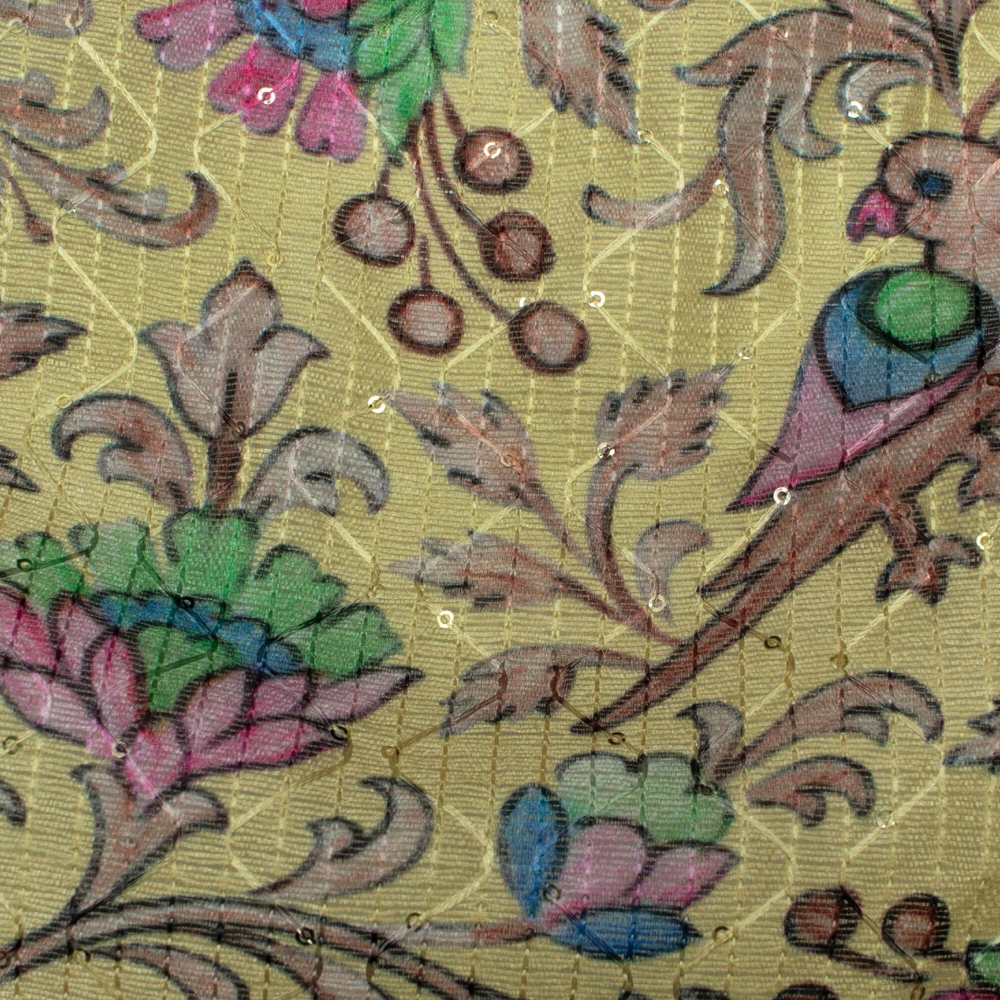 Pale Yellow And Azure Blue Floral Pattern Digital Print Sequins Embroidery Banglori Art Silk Fabric,Bird