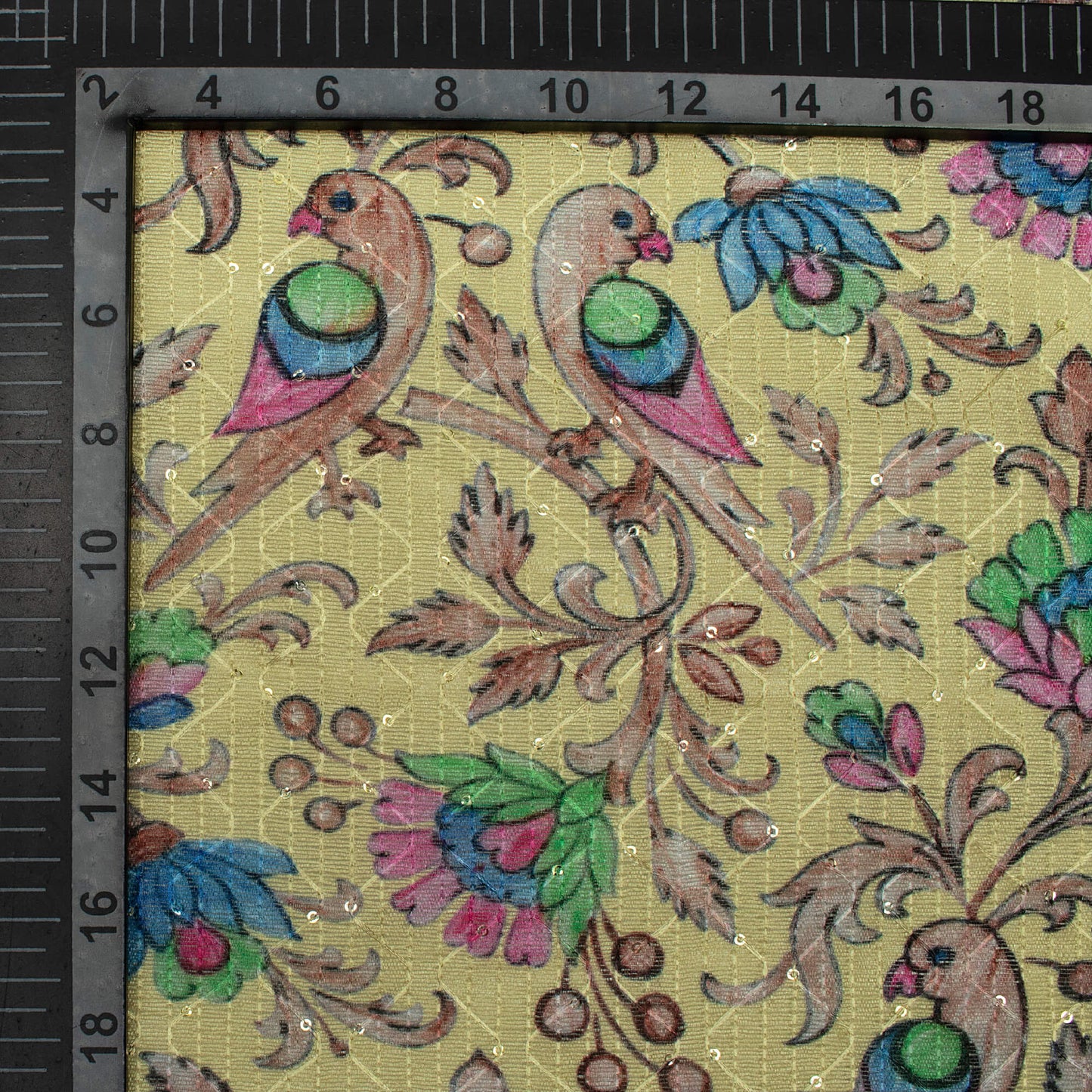 Pale Yellow And Azure Blue Floral Pattern Digital Print Sequins Embroidery Banglori Art Silk Fabric,Bird