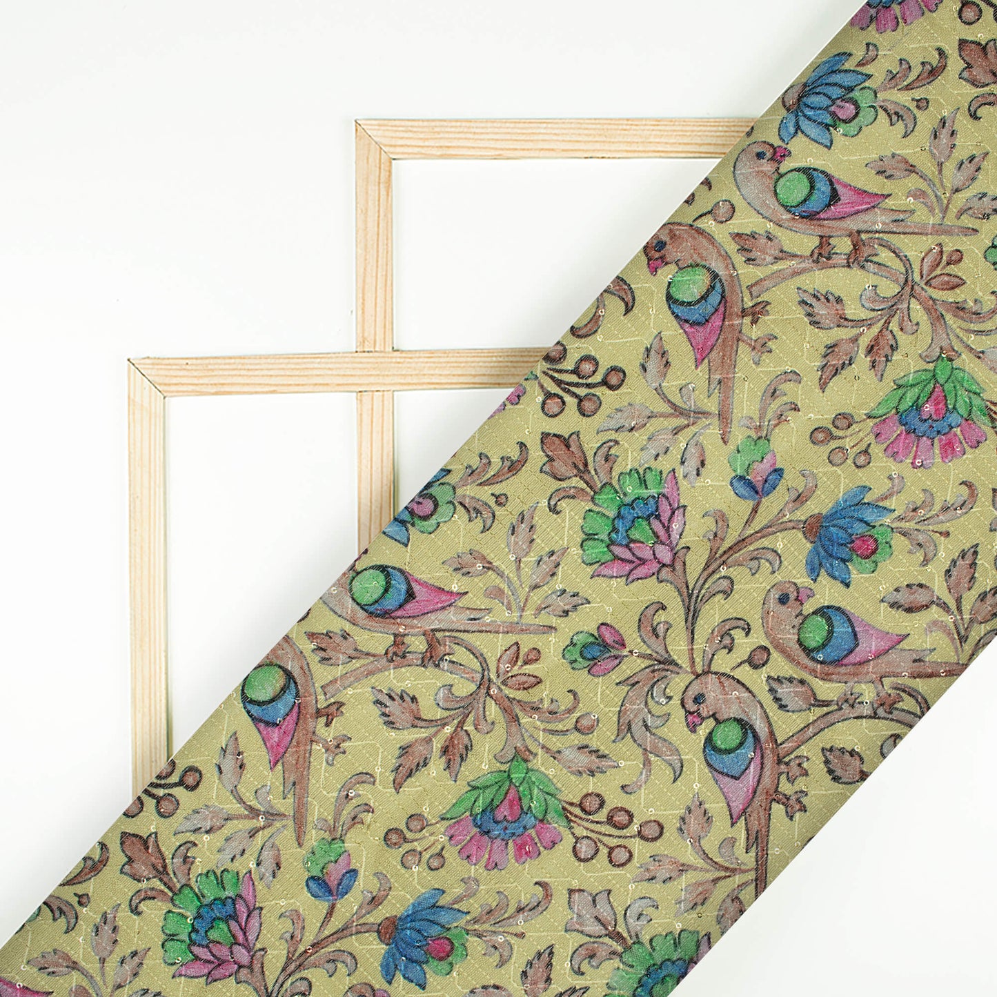 Pale Yellow And Azure Blue Floral Pattern Digital Print Sequins Embroidery Banglori Art Silk Fabric,Bird