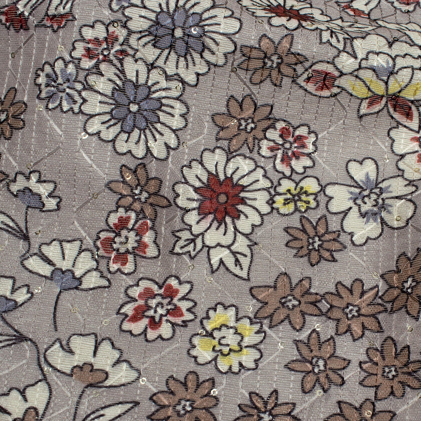 Dolphin Grey And Off White Floral Pattern Digital Print Sequins Embroidery Banglori Art Silk Fabric