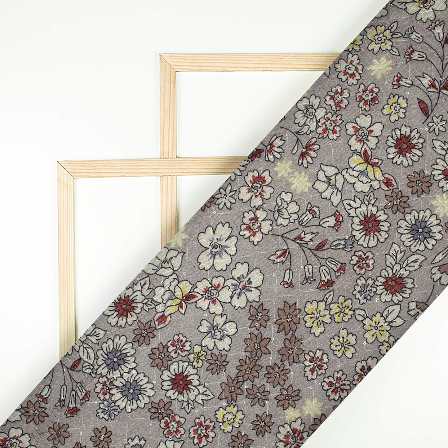 Dolphin Grey And Off White Floral Pattern Digital Print Sequins Embroidery Banglori Art Silk Fabric