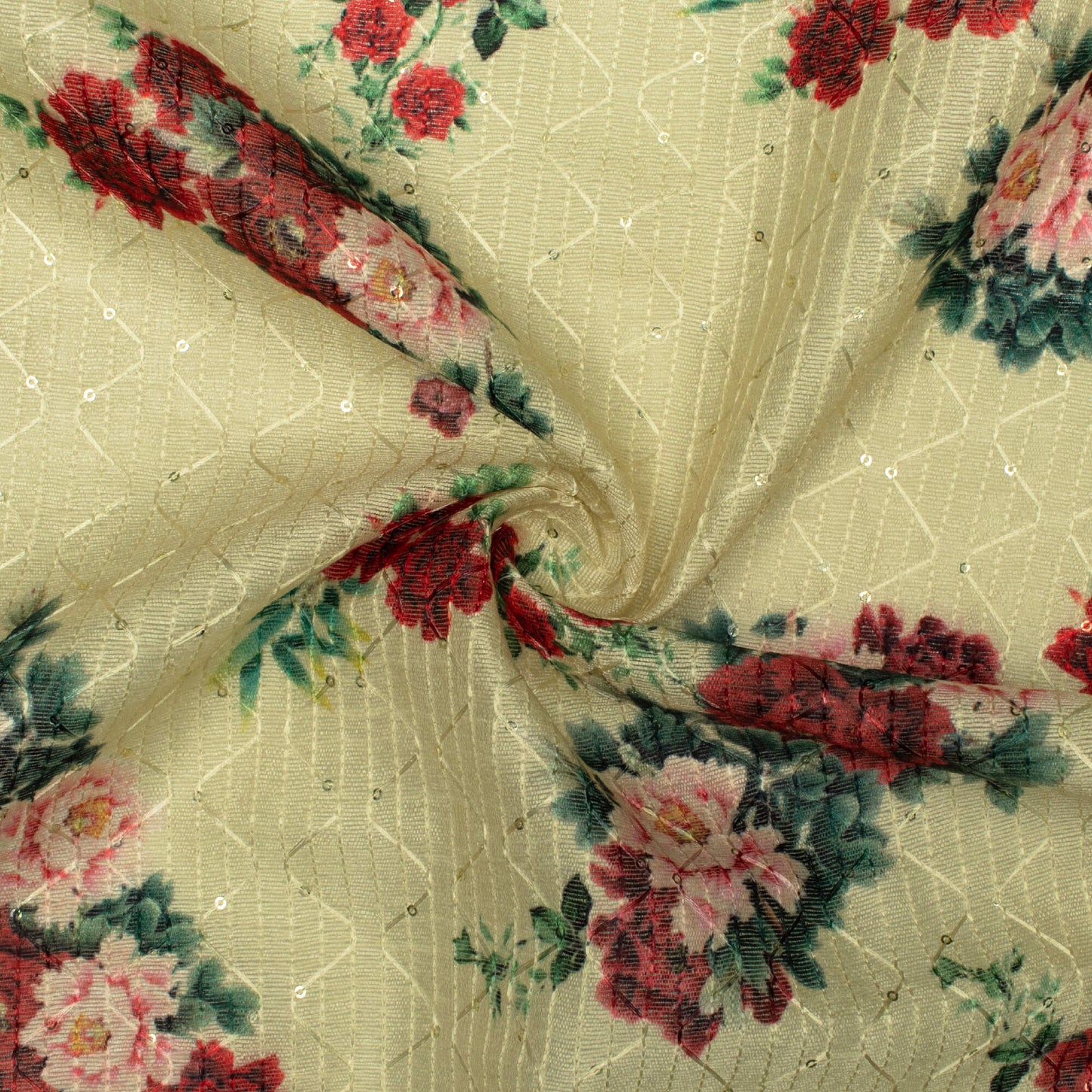 Banana Yellow And Rose Red Floral Pattern Digital Print Sequins Embroidery Banglori Art Silk Fabric