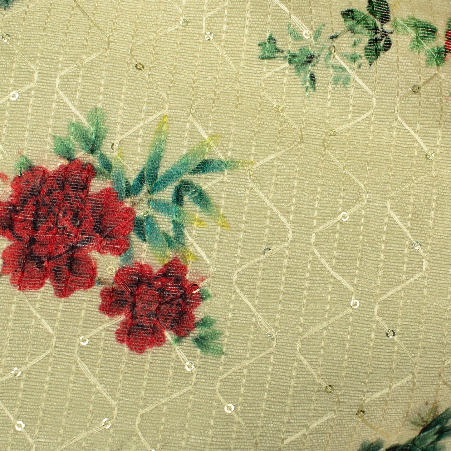 Banana Yellow And Rose Red Floral Pattern Digital Print Sequins Embroidery Banglori Art Silk Fabric