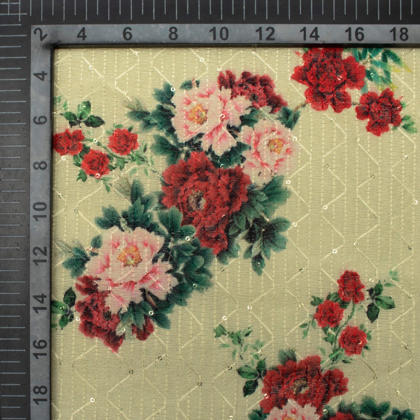 Banana Yellow And Rose Red Floral Pattern Digital Print Sequins Embroidery Banglori Art Silk Fabric
