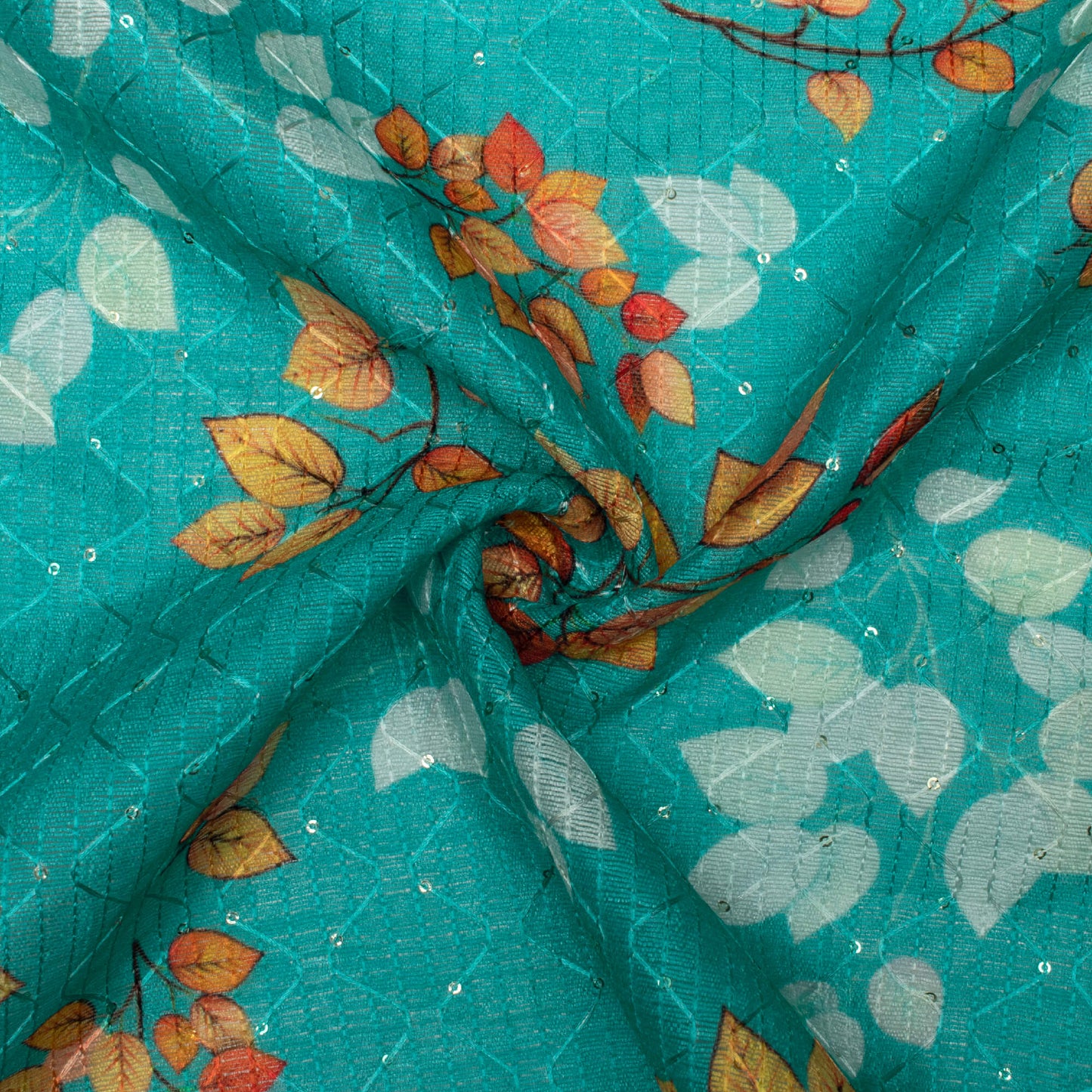 Aqua Blue And Carrot Orange Leaf Pattern Digital Print Sequins Embroidery Banglori Art Silk Fabric