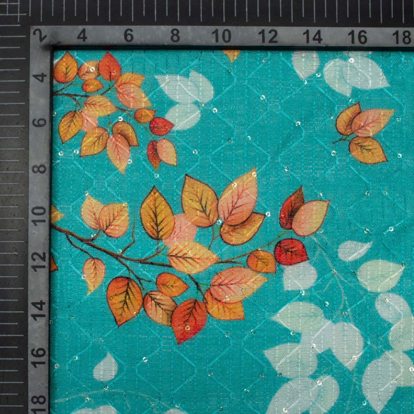 Aqua Blue And Carrot Orange Leaf Pattern Digital Print Sequins Embroidery Banglori Art Silk Fabric