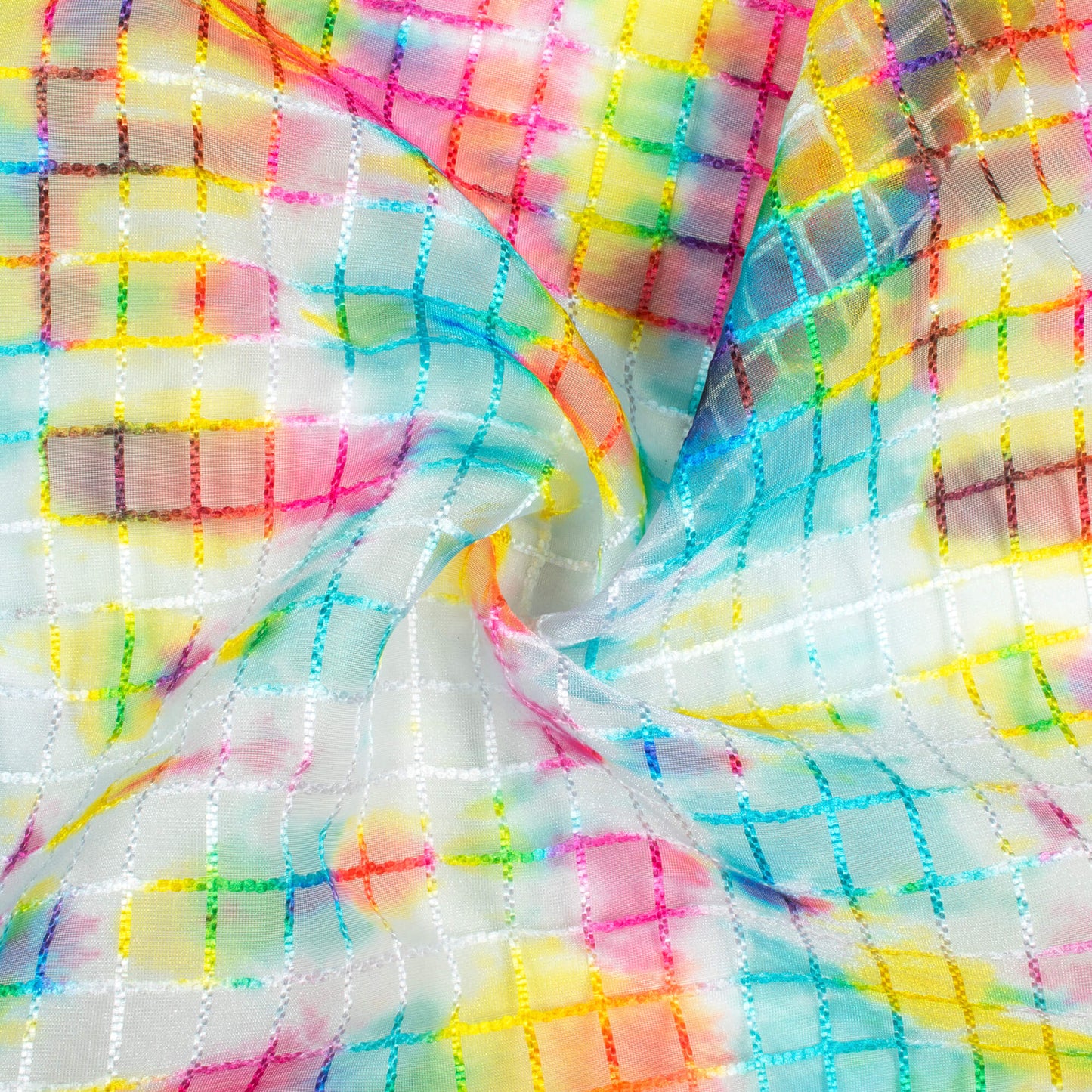 Lemon Yellow And Rose Pink Tie & Dye Pattern Checks Embroidery Digital Print Organza Tissue Fabric