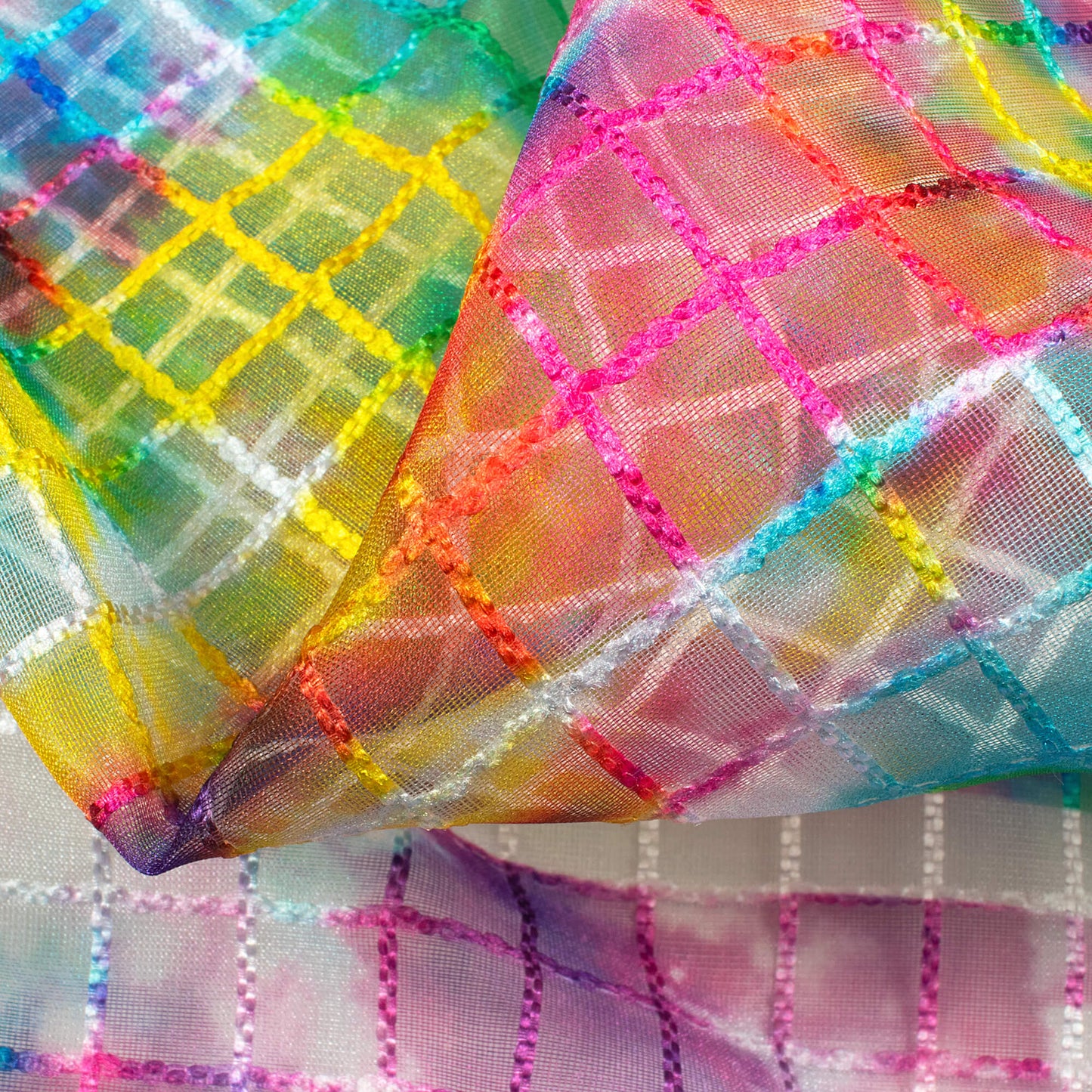 Lemon Yellow And Rose Pink Tie & Dye Pattern Checks Embroidery Digital Print Organza Tissue Fabric