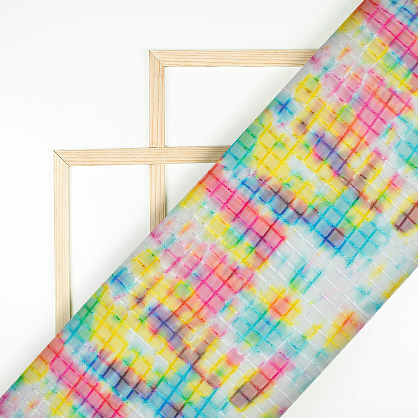 Lemon Yellow And Rose Pink Tie & Dye Pattern Checks Embroidery Digital Print Organza Tissue Fabric
