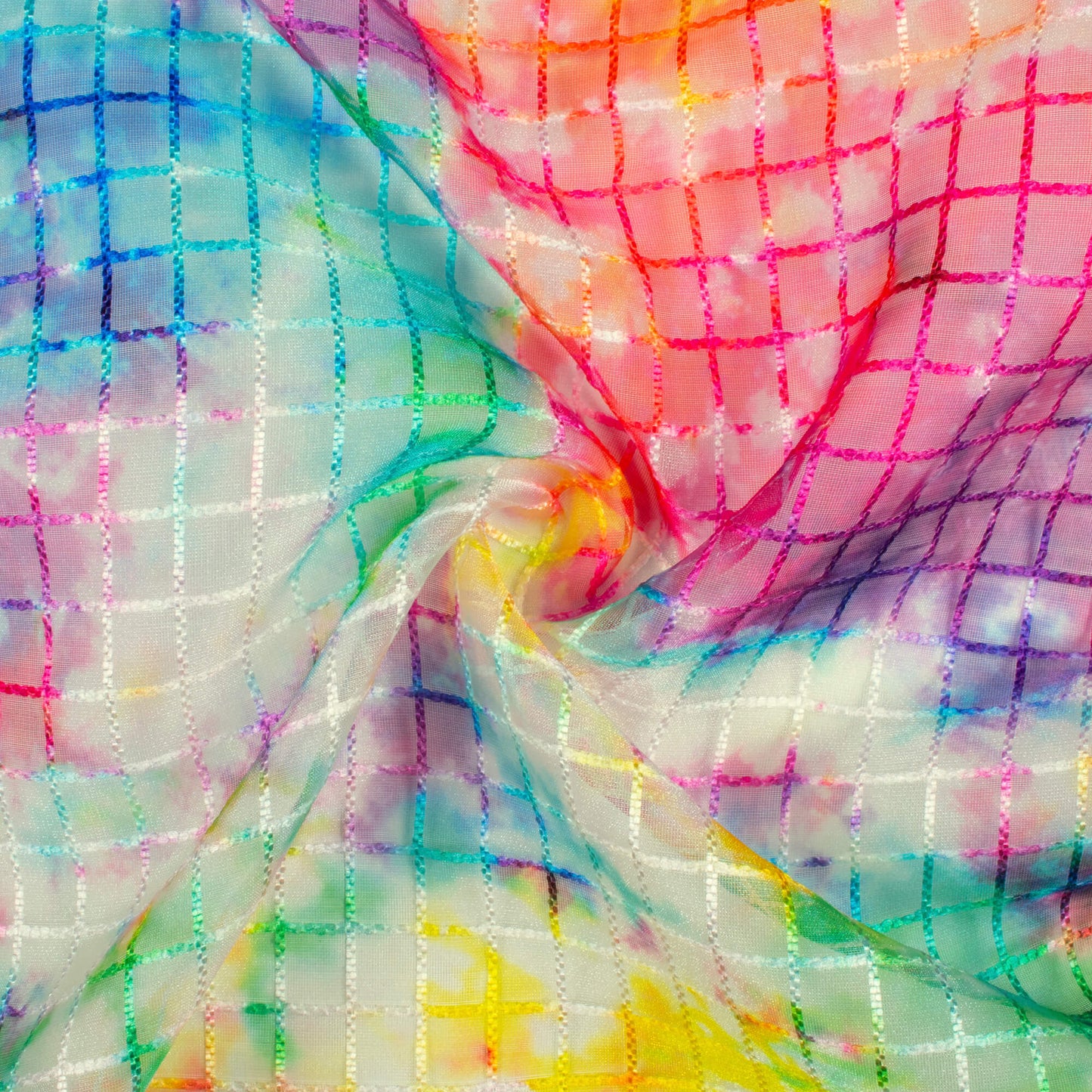 Hot Pink And Kelly Green Tie & Dye Pattern Checks Embroidery Digital Print Organza Tissue Fabric