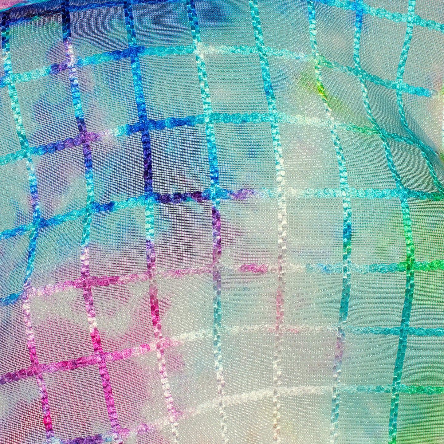 Hot Pink And Kelly Green Tie & Dye Pattern Checks Embroidery Digital Print Organza Tissue Fabric