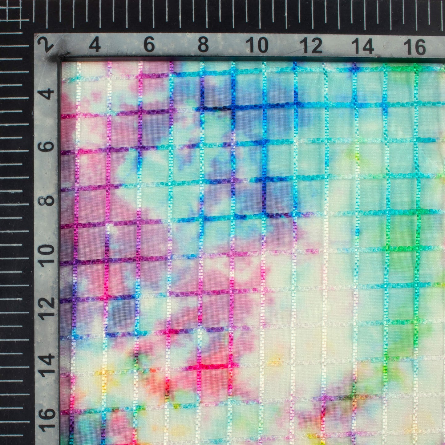 Hot Pink And Kelly Green Tie & Dye Pattern Checks Embroidery Digital Print Organza Tissue Fabric