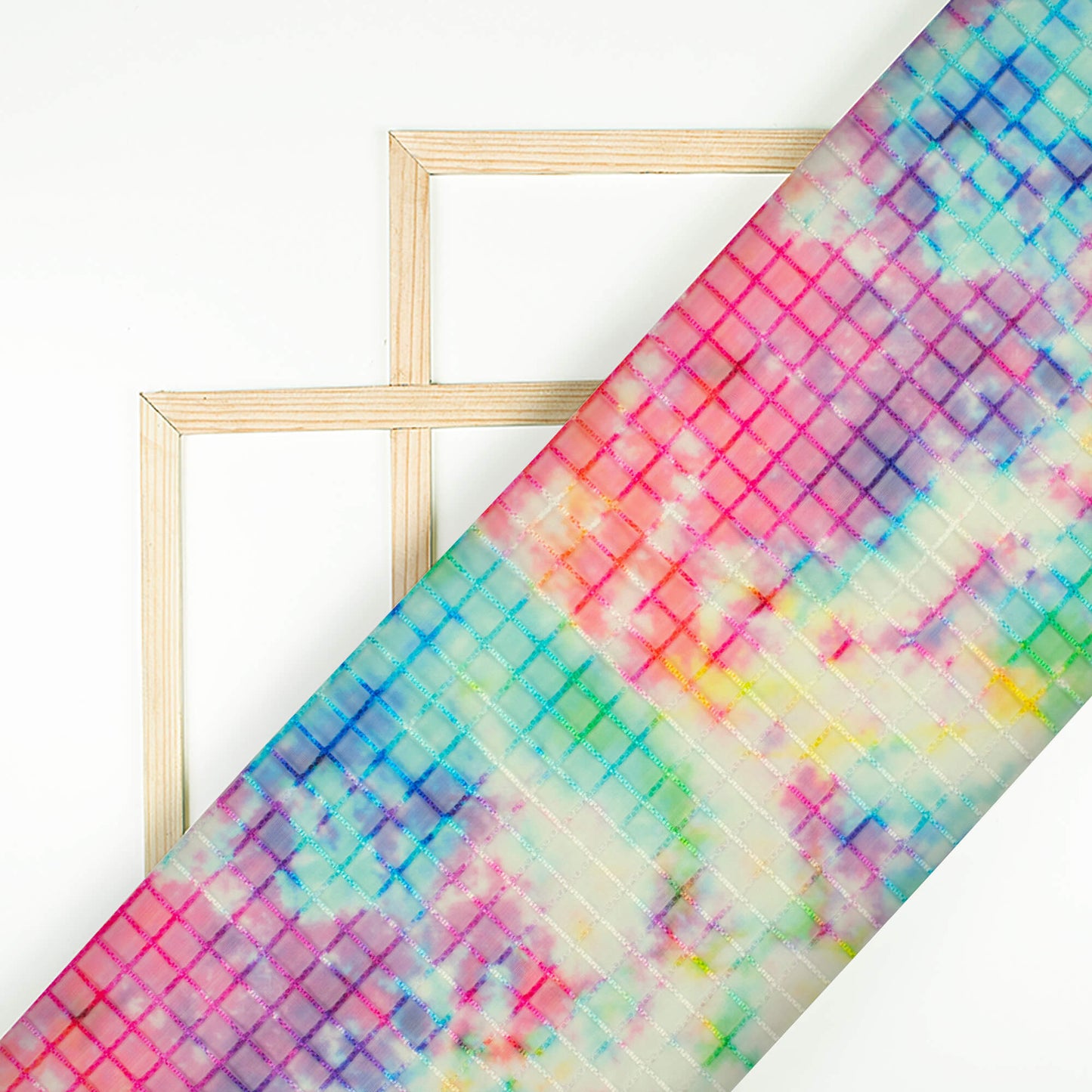 Hot Pink And Kelly Green Tie & Dye Pattern Checks Embroidery Digital Print Organza Tissue Fabric
