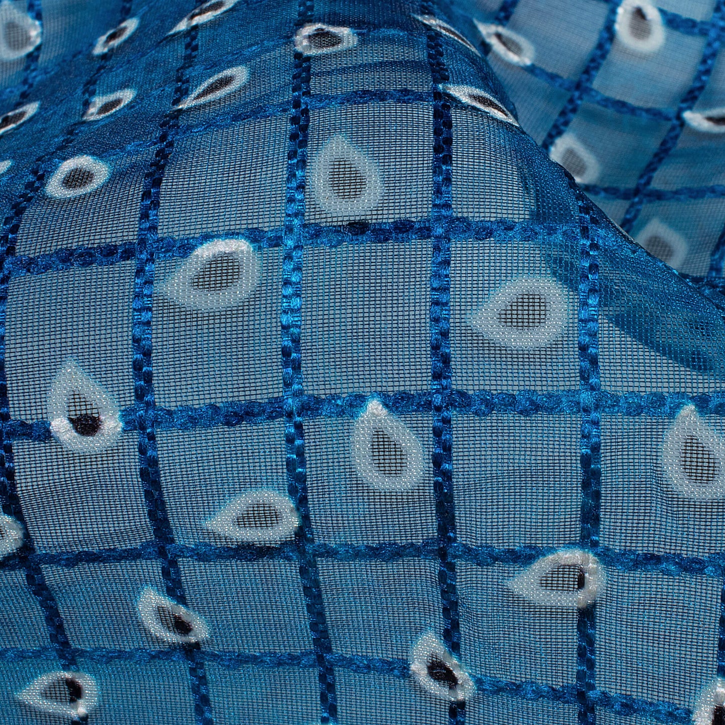 Prussian Blue And Off White Booti Pattern Checks Embroidery Digital Print Organza Tissue Fabric