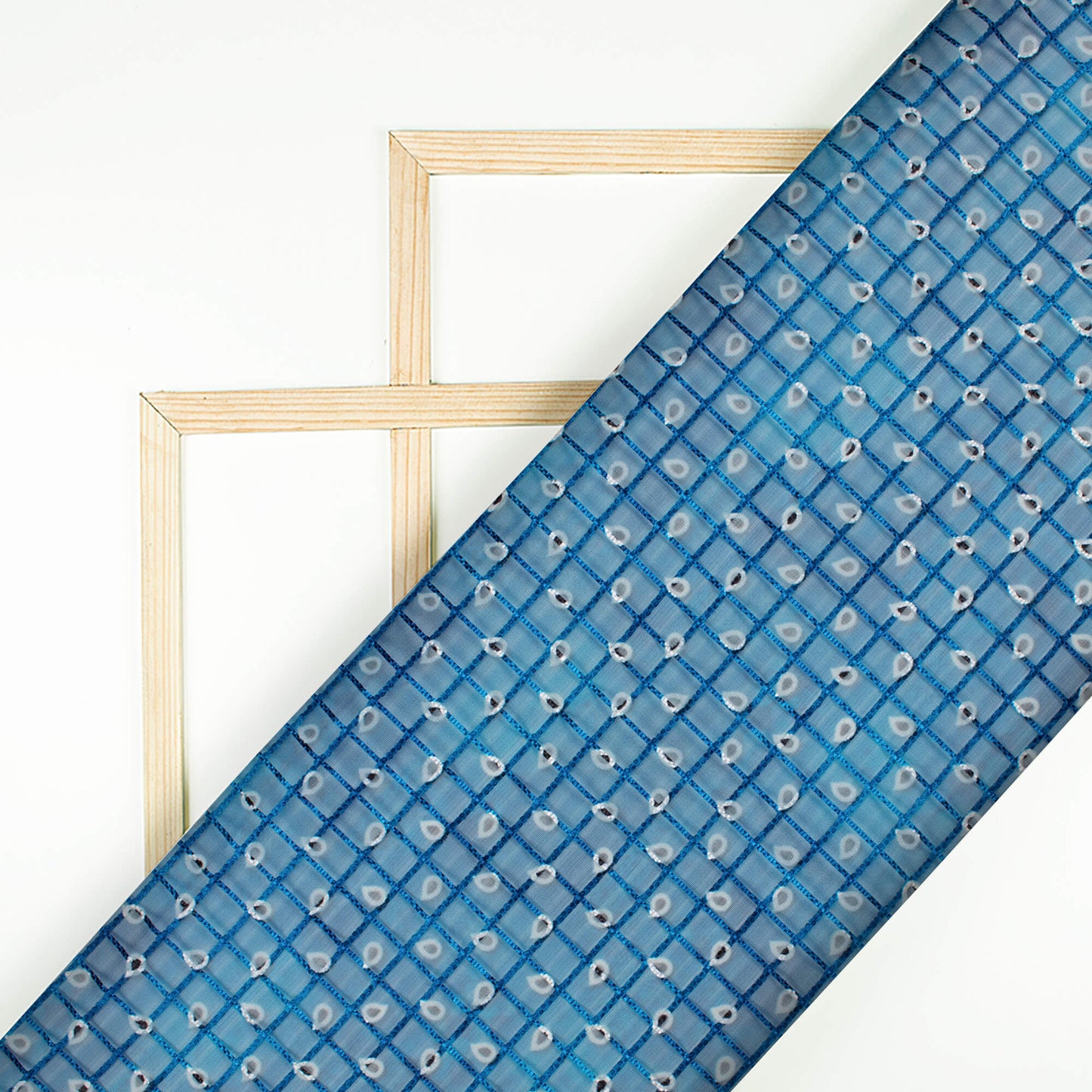 Prussian Blue And Off White Booti Pattern Checks Embroidery Digital Print Organza Tissue Fabric