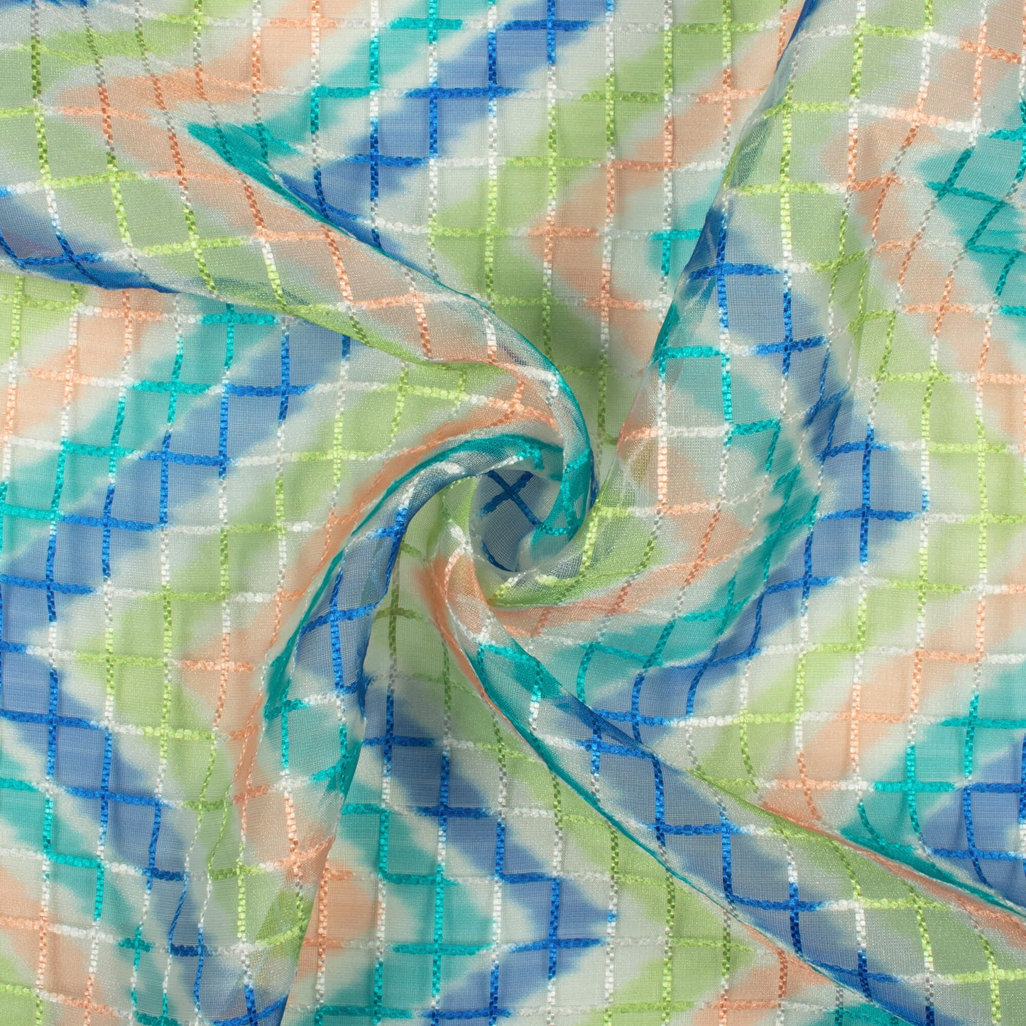 Royal Blue And Pine Green Chevron Pattern Checks Embroidery Digital Print Organza Tissue Fabric