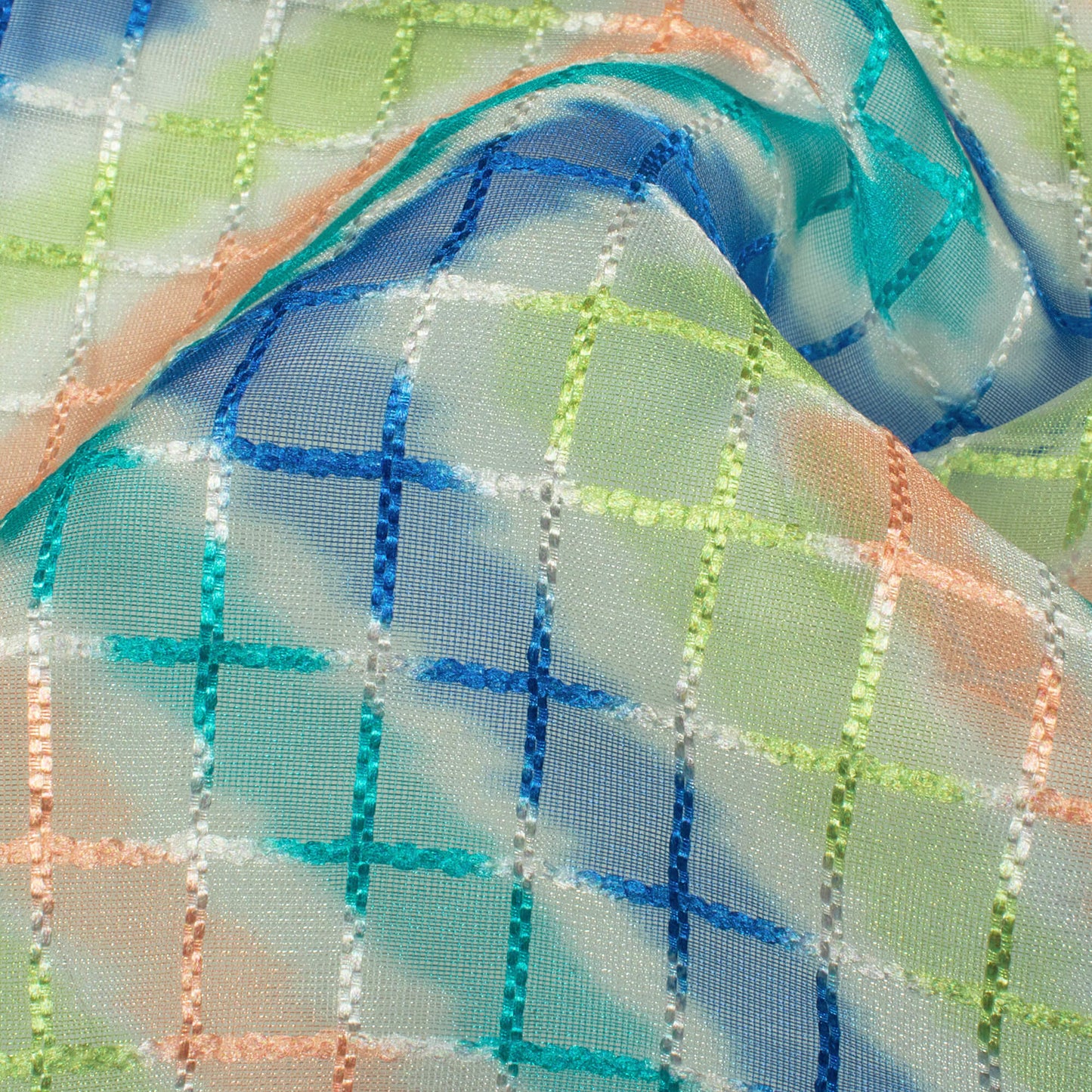 Royal Blue And Pine Green Chevron Pattern Checks Embroidery Digital Print Organza Tissue Fabric