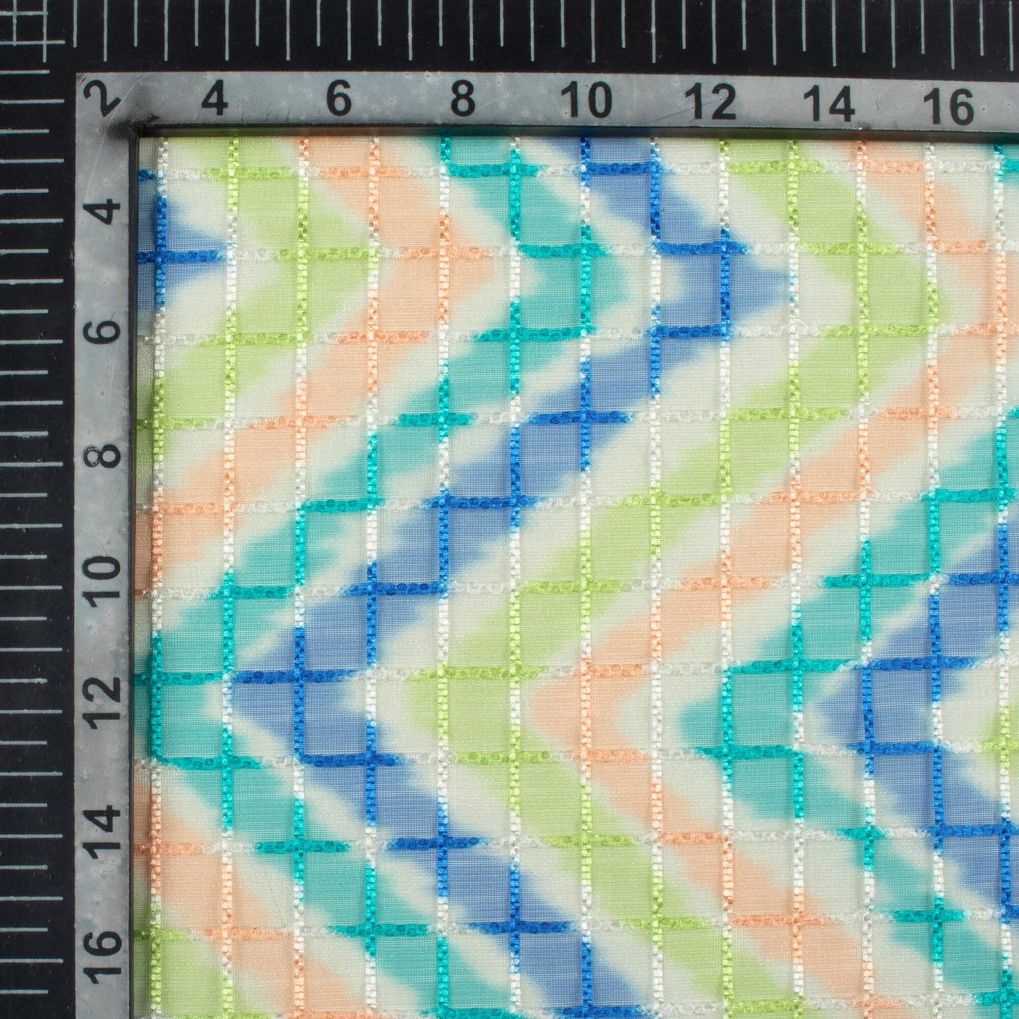 Royal Blue And Pine Green Chevron Pattern Checks Embroidery Digital Print Organza Tissue Fabric