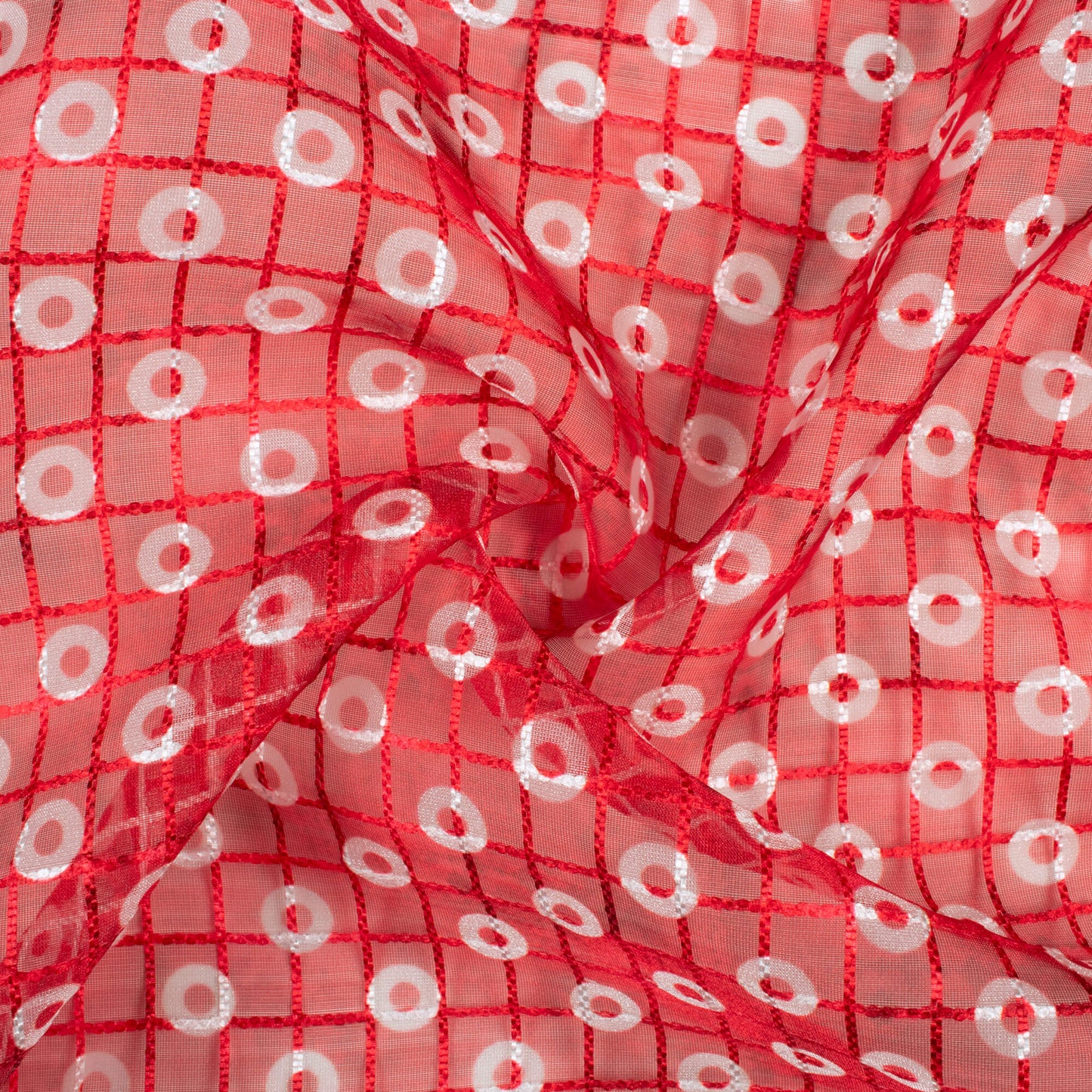 Cherry Red And White Booti Pattern Checks Embroidery Digital Print Organza Tissue Fabric