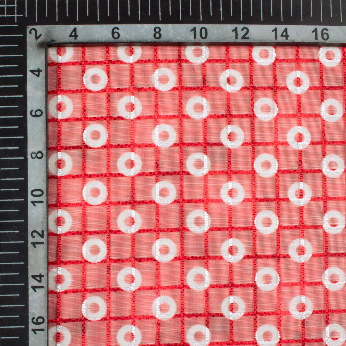Cherry Red And White Booti Pattern Checks Embroidery Digital Print Organza Tissue Fabric