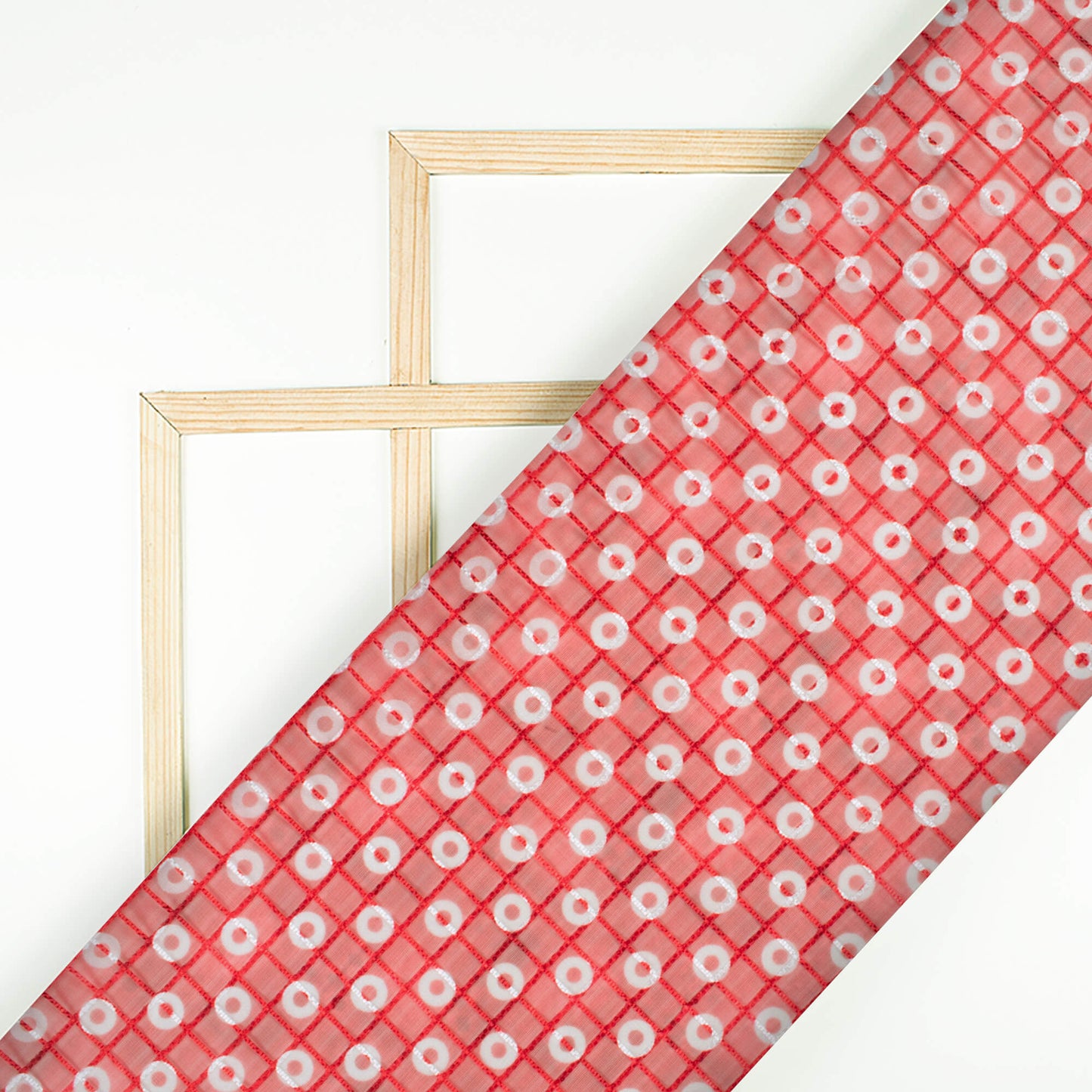 Cherry Red And White Booti Pattern Checks Embroidery Digital Print Organza Tissue Fabric