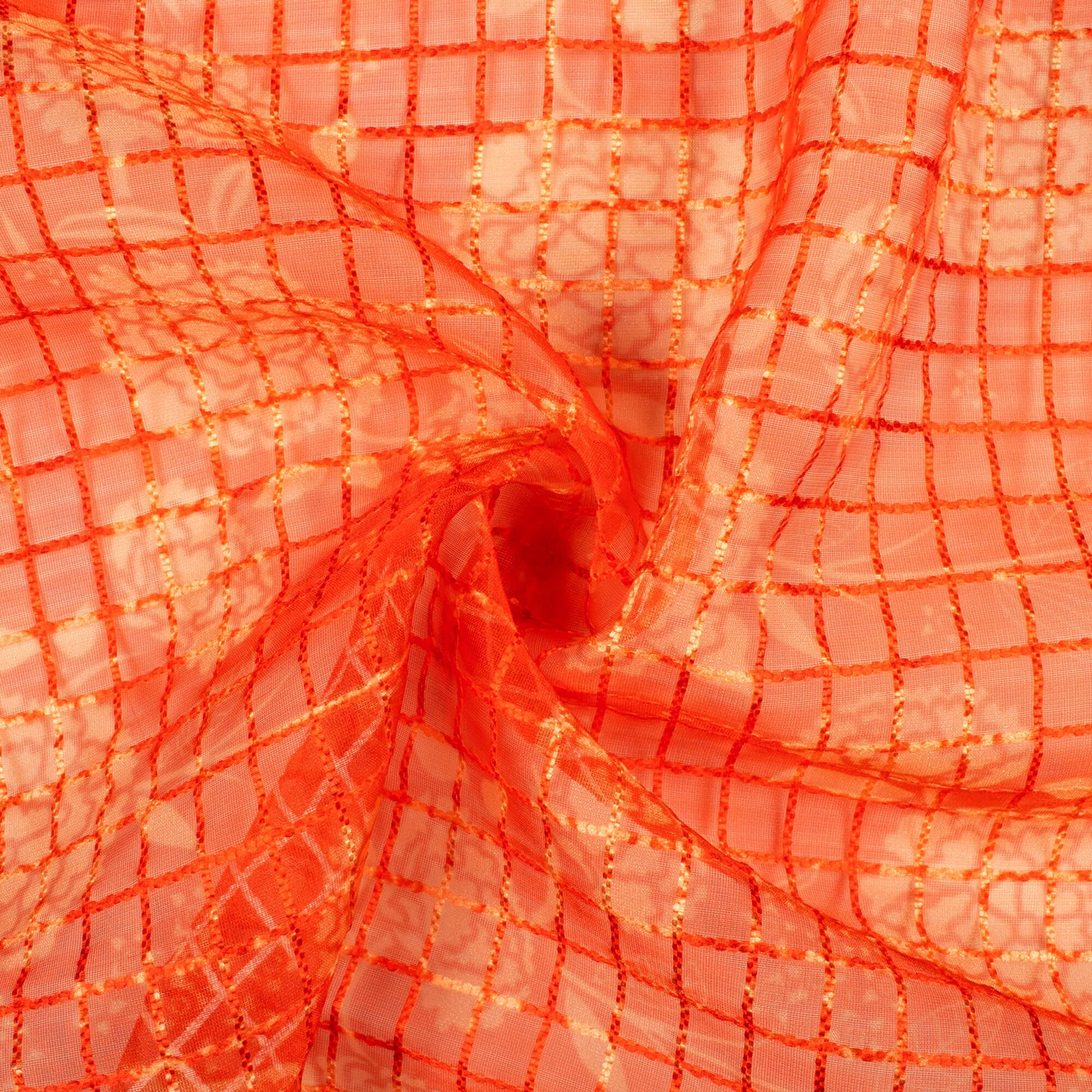 Cherry Red And Sand Beige Floral Pattern Checks Embroidery Digital Print Organza Tissue Fabric