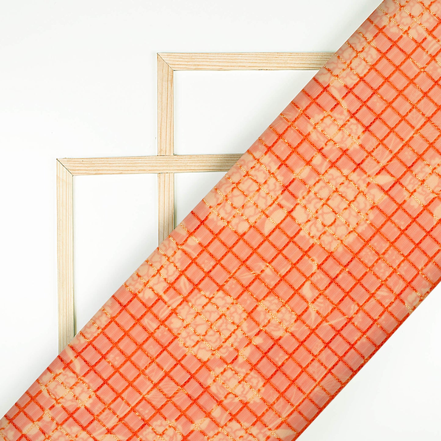 Cherry Red And Sand Beige Floral Pattern Checks Embroidery Digital Print Organza Tissue Fabric