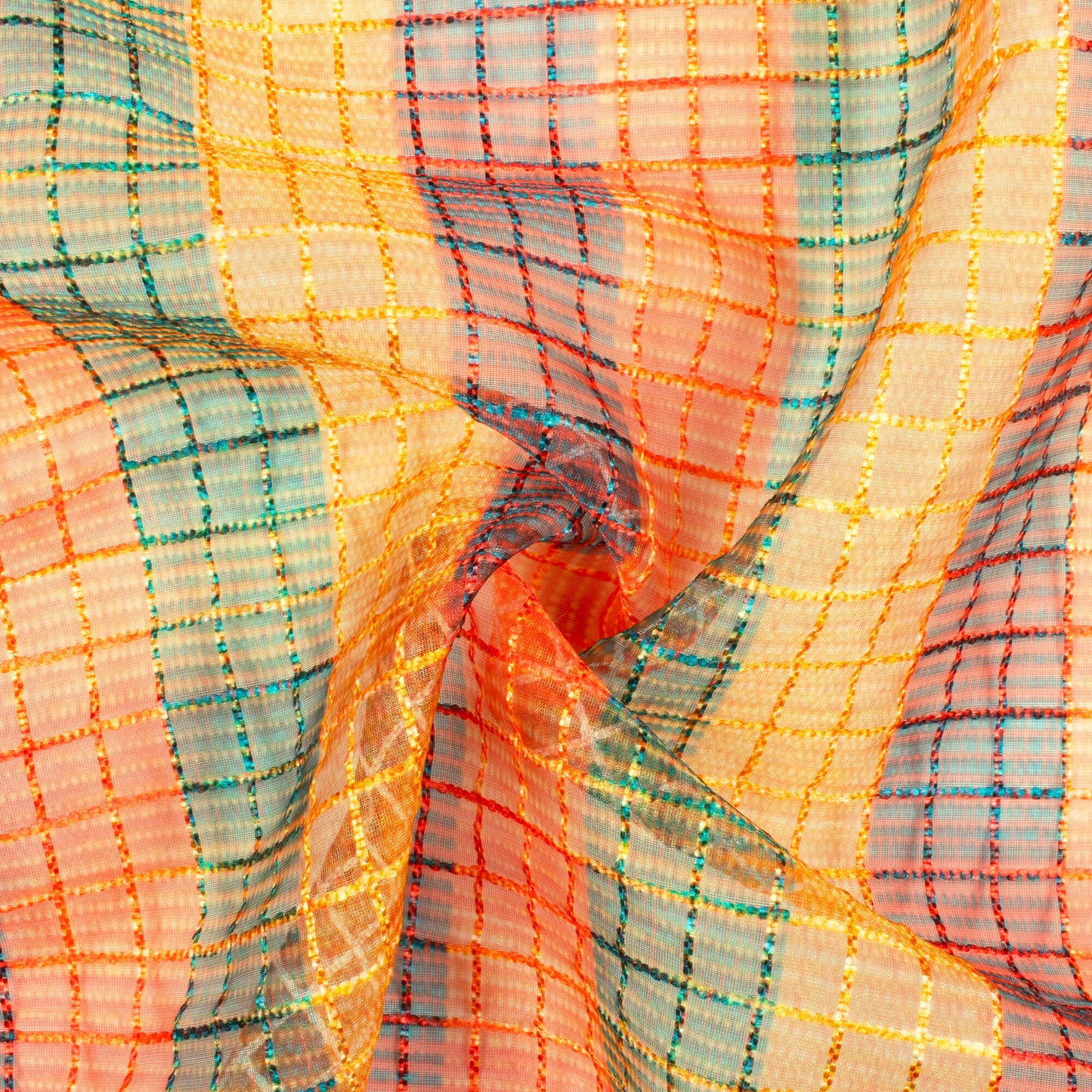 Forest Green And Tuscany Yellow Stripes Pattern Checks Embroidery Digital Print Organza Tissue Fabric