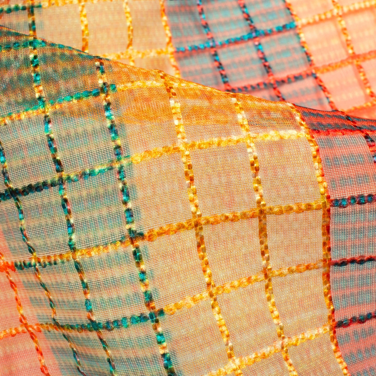 Forest Green And Tuscany Yellow Stripes Pattern Checks Embroidery Digital Print Organza Tissue Fabric