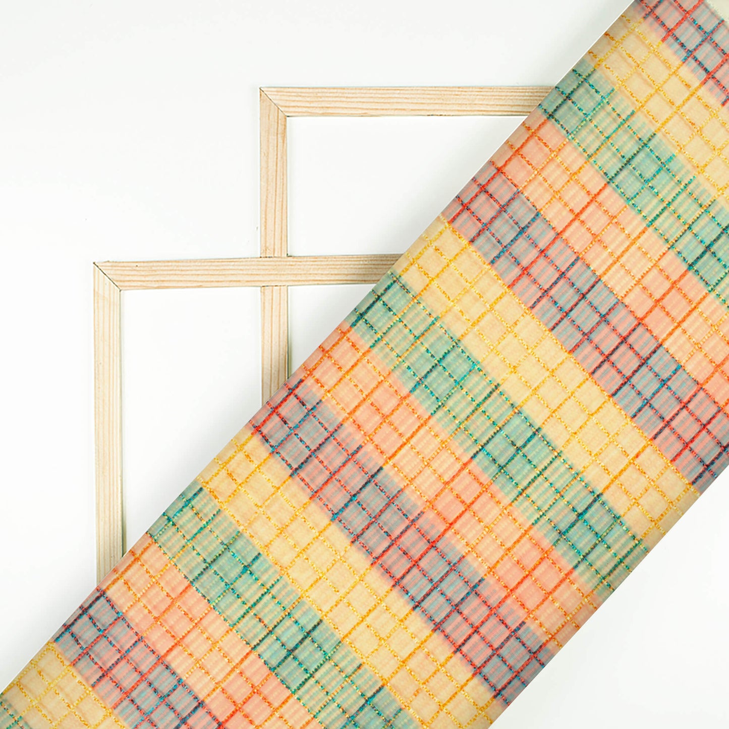 Forest Green And Tuscany Yellow Stripes Pattern Checks Embroidery Digital Print Organza Tissue Fabric
