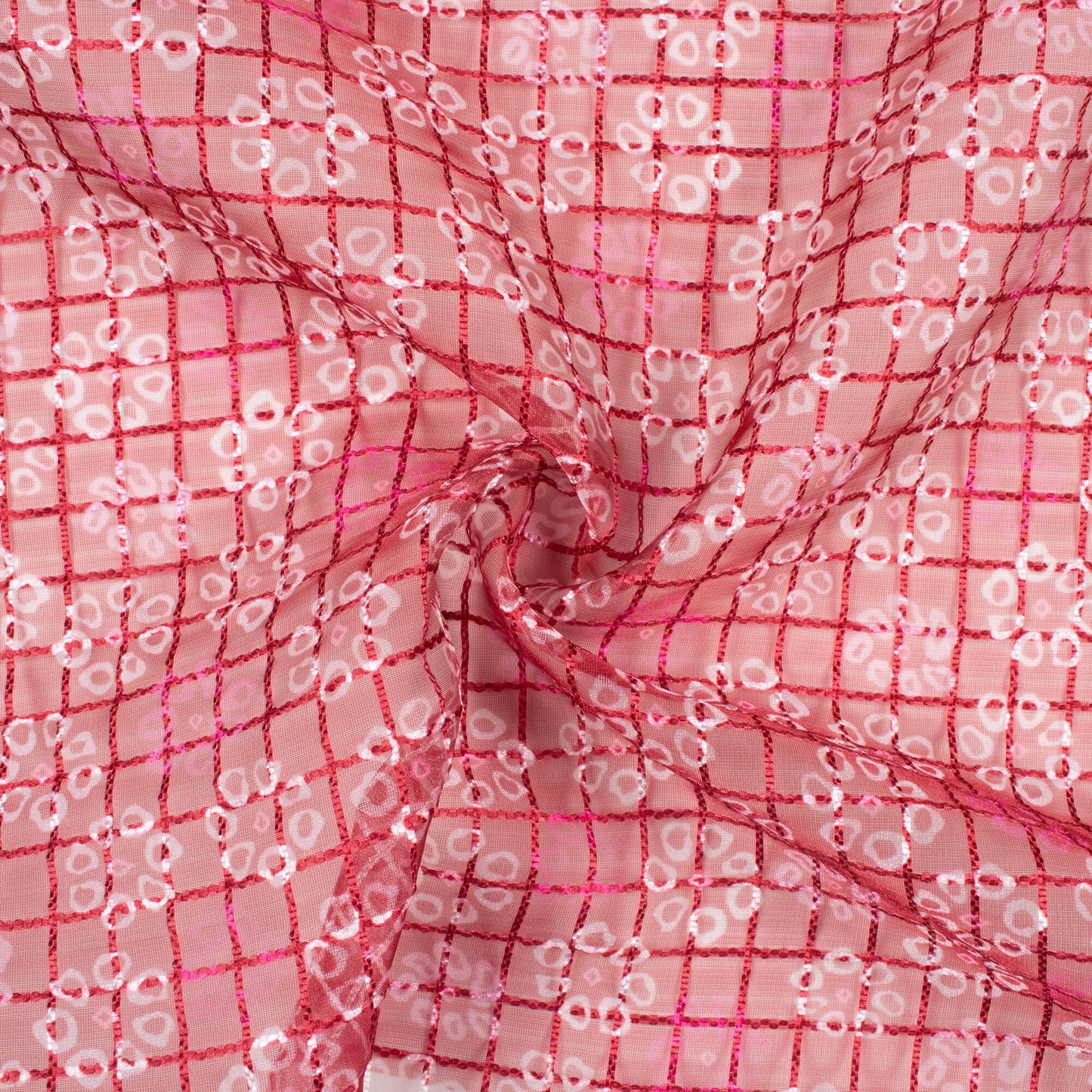 Deep Pink And White Floral Pattern Checks Embroidery Digital Print Organza Tissue Fabric