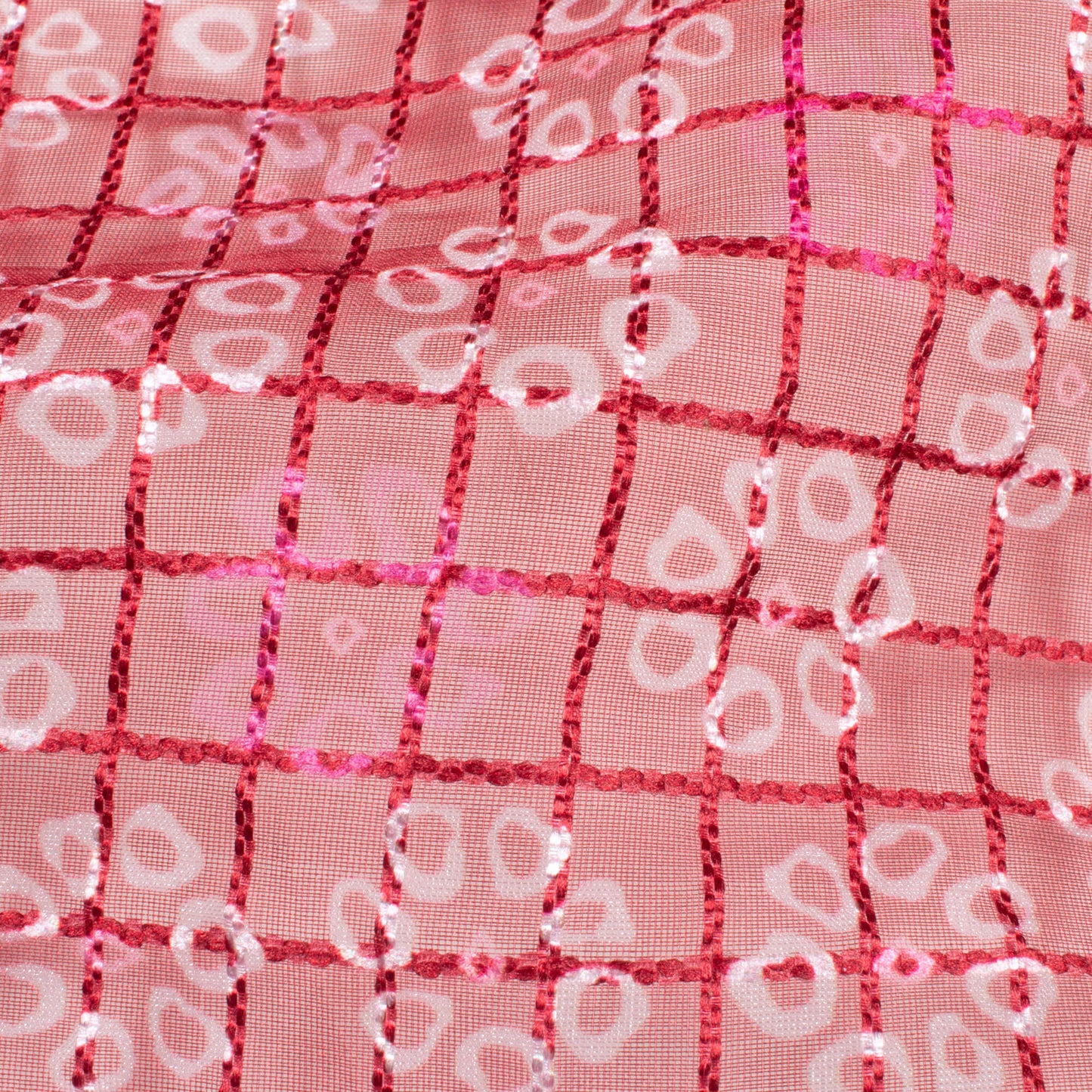 Deep Pink And White Floral Pattern Checks Embroidery Digital Print Organza Tissue Fabric