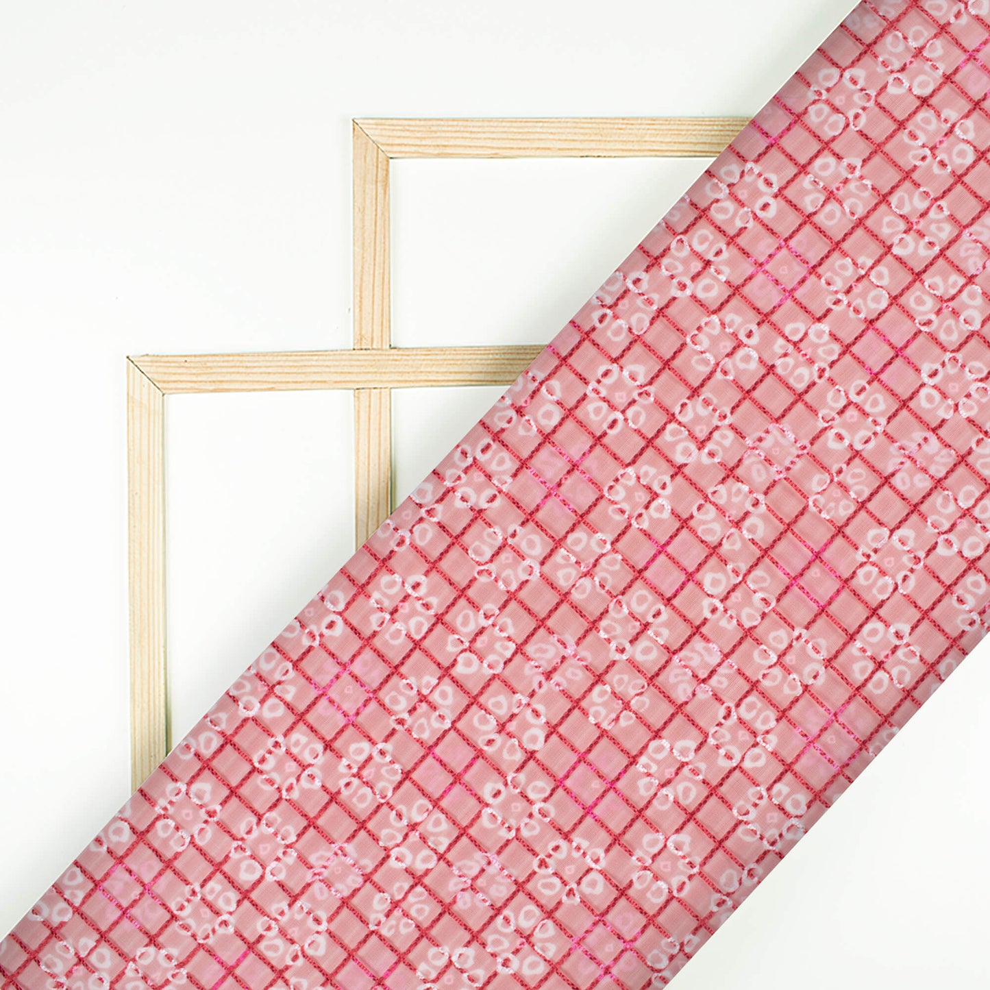 Deep Pink And White Floral Pattern Checks Embroidery Digital Print Organza Tissue Fabric