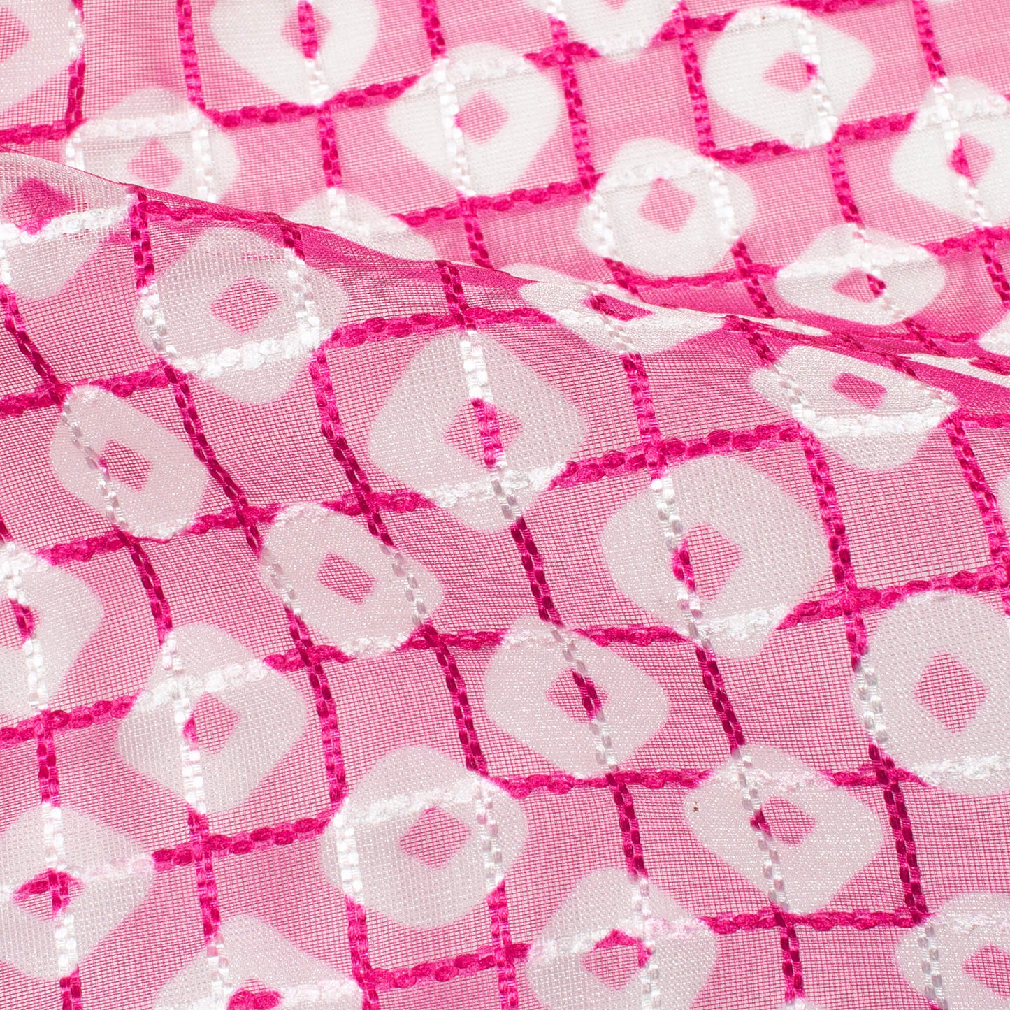 Rose Pink And White Bandhani Pattern Checks Embroidery Digital Print Organza Tissue Fabric