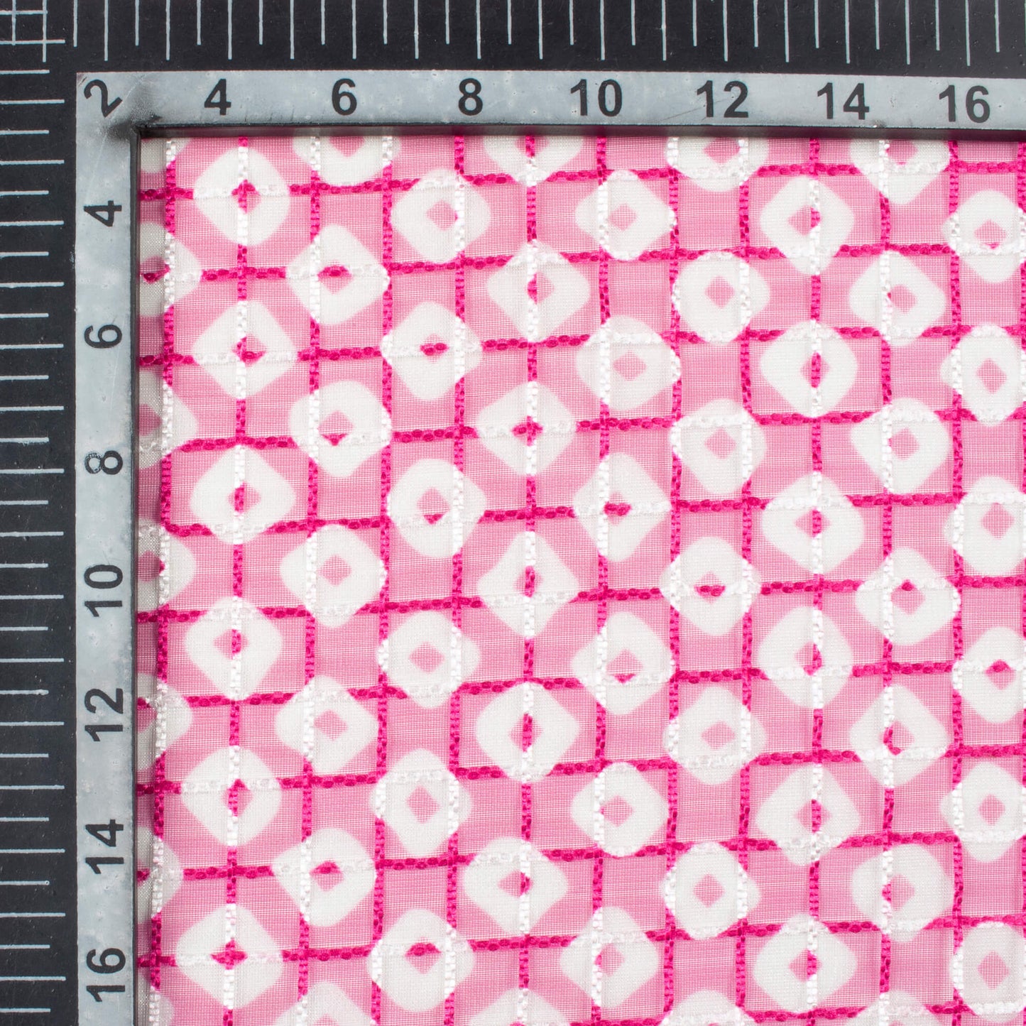 Rose Pink And White Bandhani Pattern Checks Embroidery Digital Print Organza Tissue Fabric