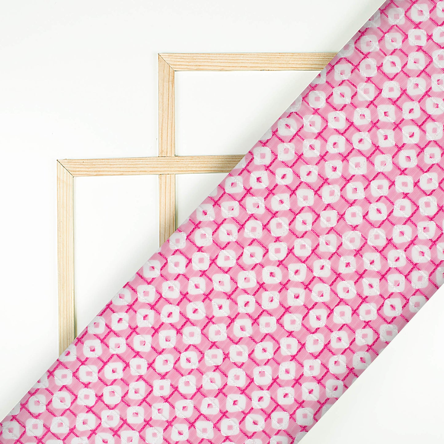 Rose Pink And White Bandhani Pattern Checks Embroidery Digital Print Organza Tissue Fabric