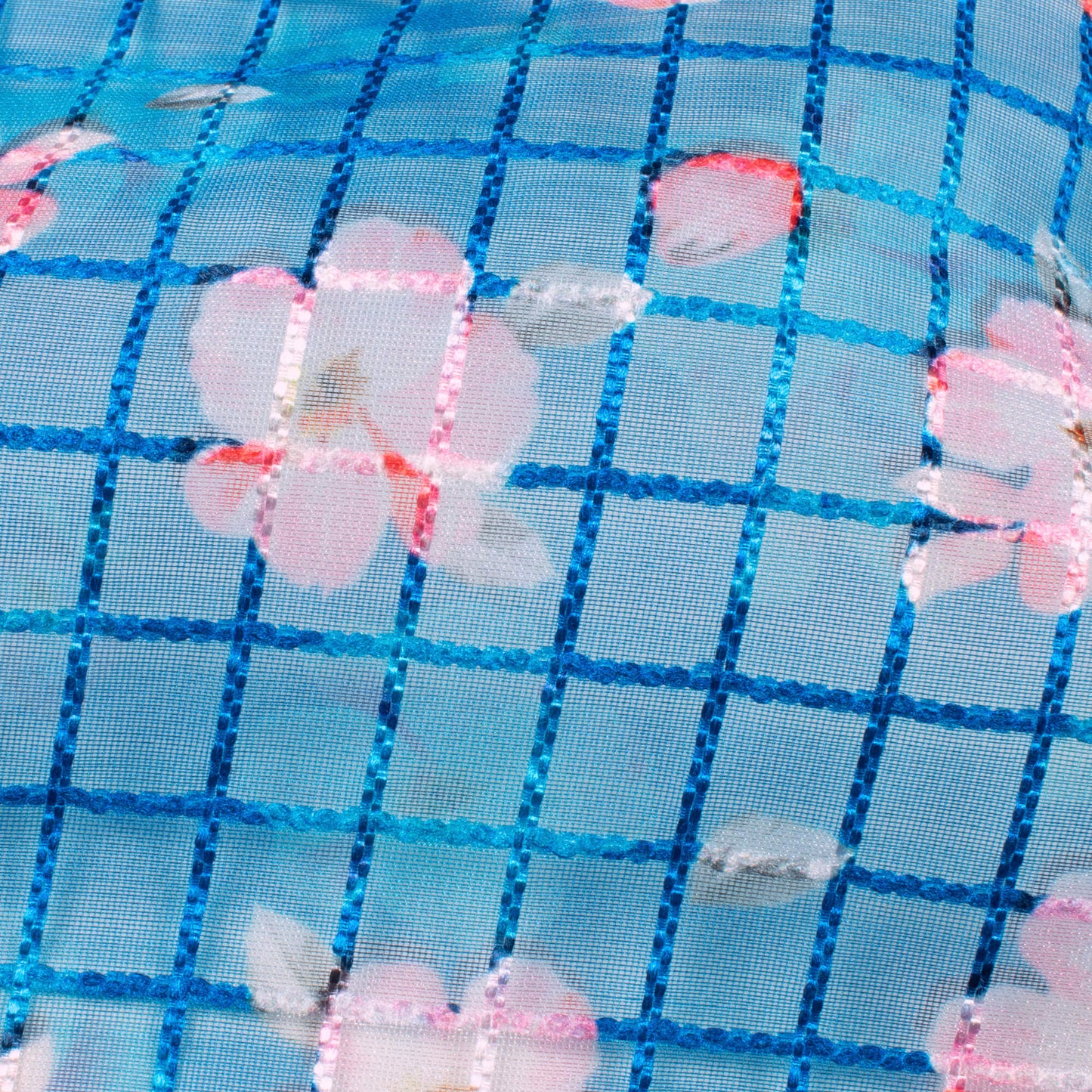 Azure Blue And Taffy Pink Floral Pattern Checks Embroidery Digital Print Organza Tissue Fabric