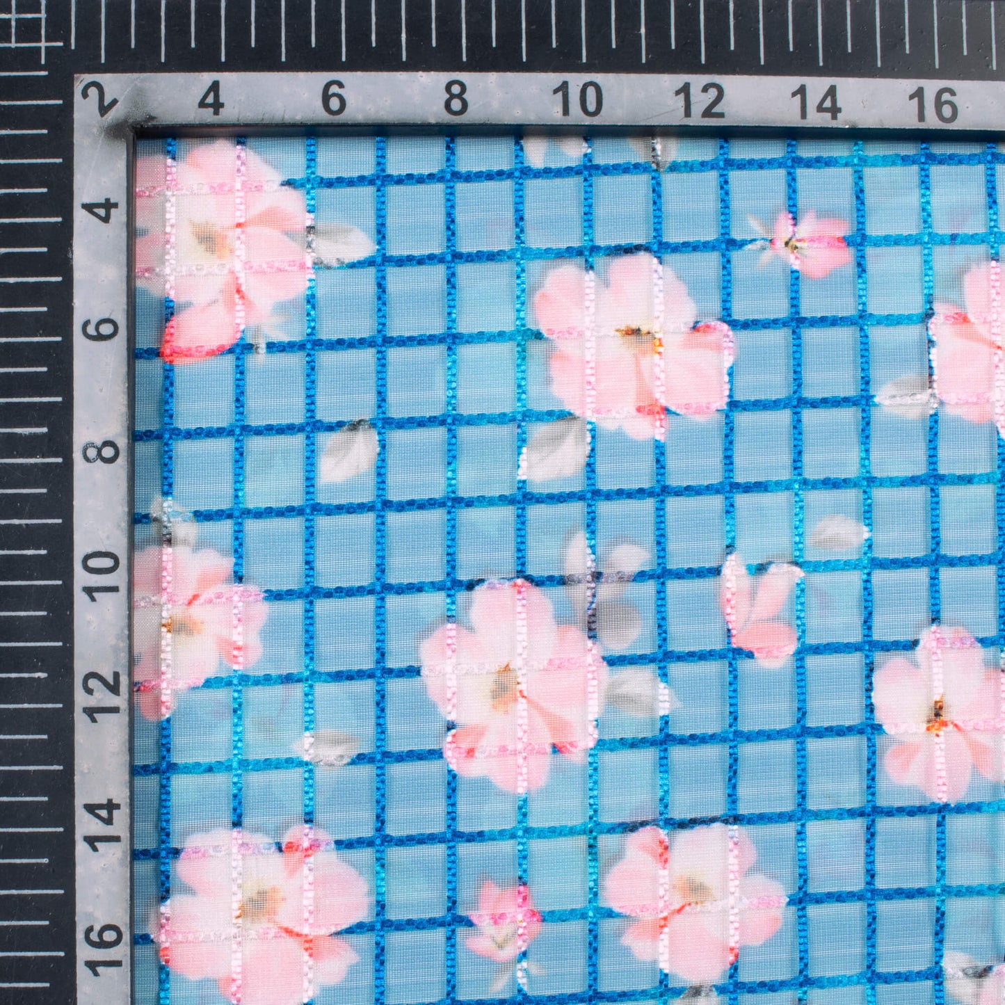 Azure Blue And Taffy Pink Floral Pattern Checks Embroidery Digital Print Organza Tissue Fabric