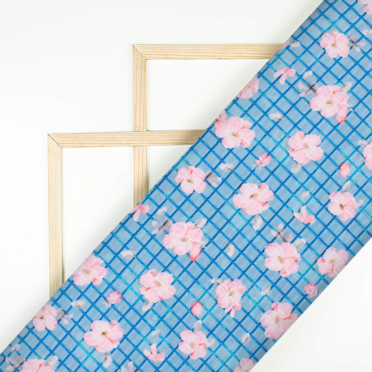 Azure Blue And Taffy Pink Floral Pattern Checks Embroidery Digital Print Organza Tissue Fabric