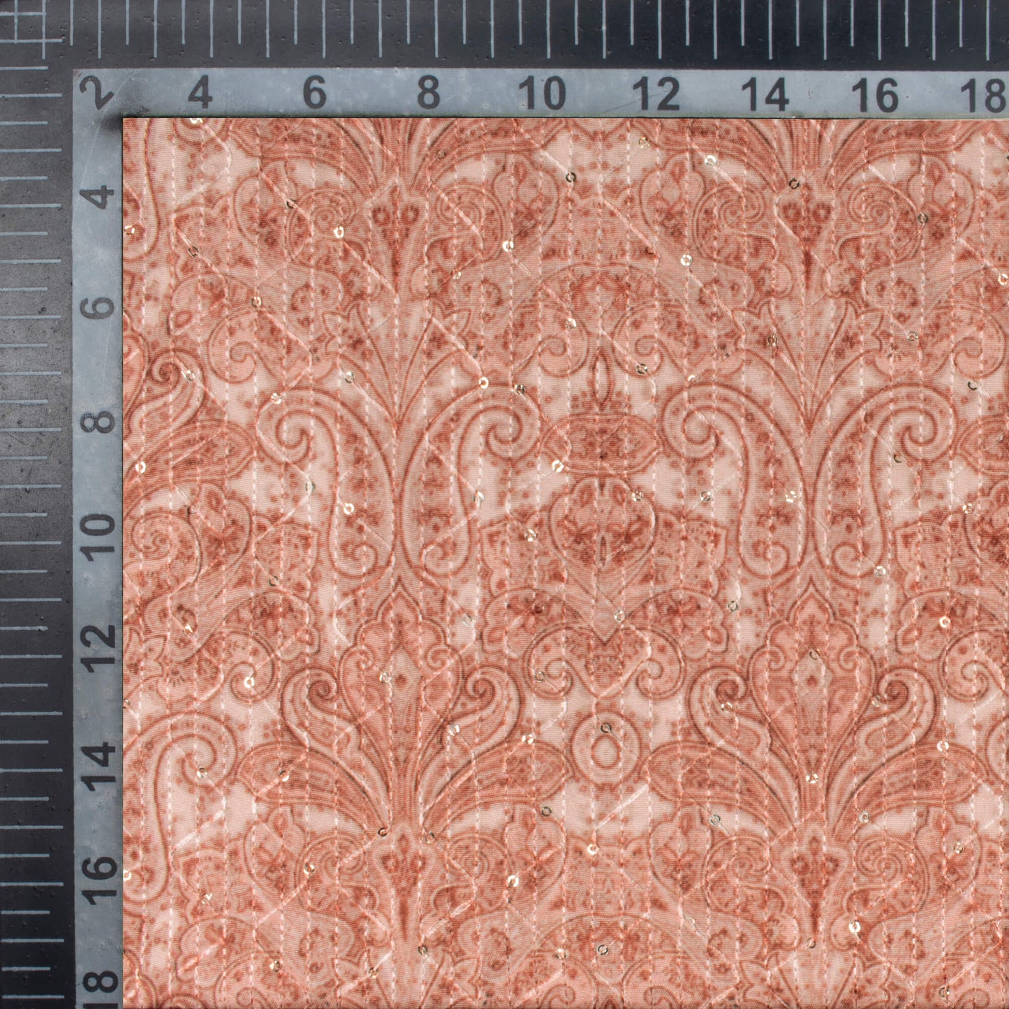 Flamingo Pink Paisley Pattern Sequins Embroidery Digital Print Ultra Premium Butter Crepe Fabric