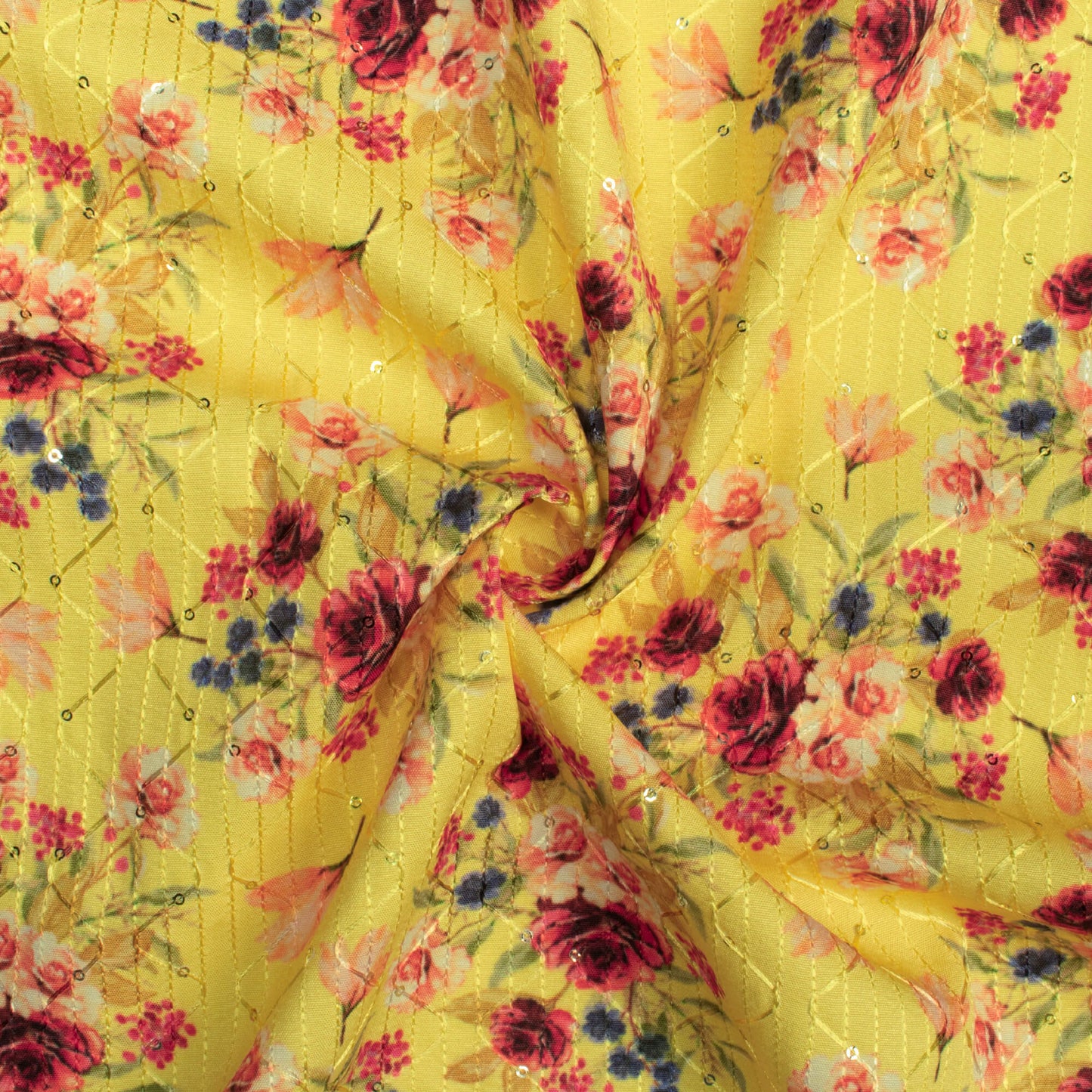 Lemon Yellow And Ruby Red Floral Pattern Sequins Embroidery Digital Print Ultra Premium Butter Crepe Fabric