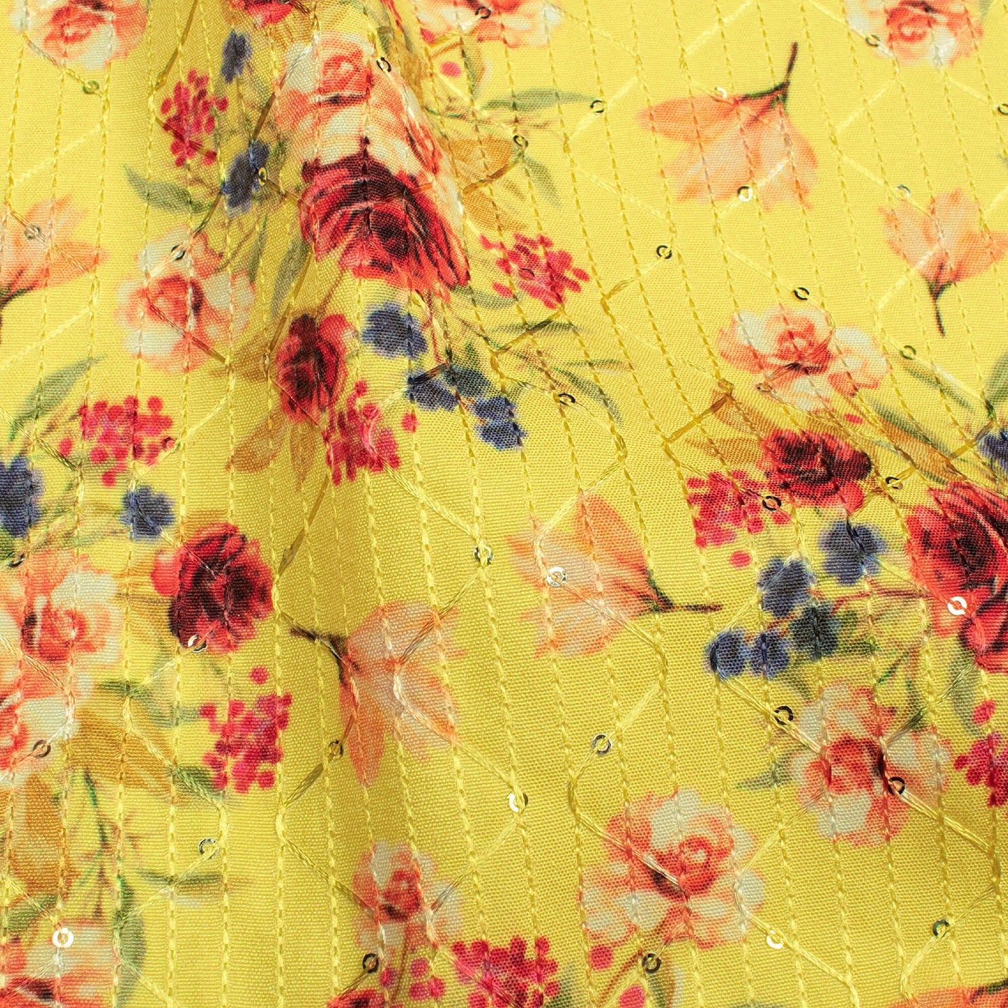 Lemon Yellow And Ruby Red Floral Pattern Sequins Embroidery Digital Print Ultra Premium Butter Crepe Fabric