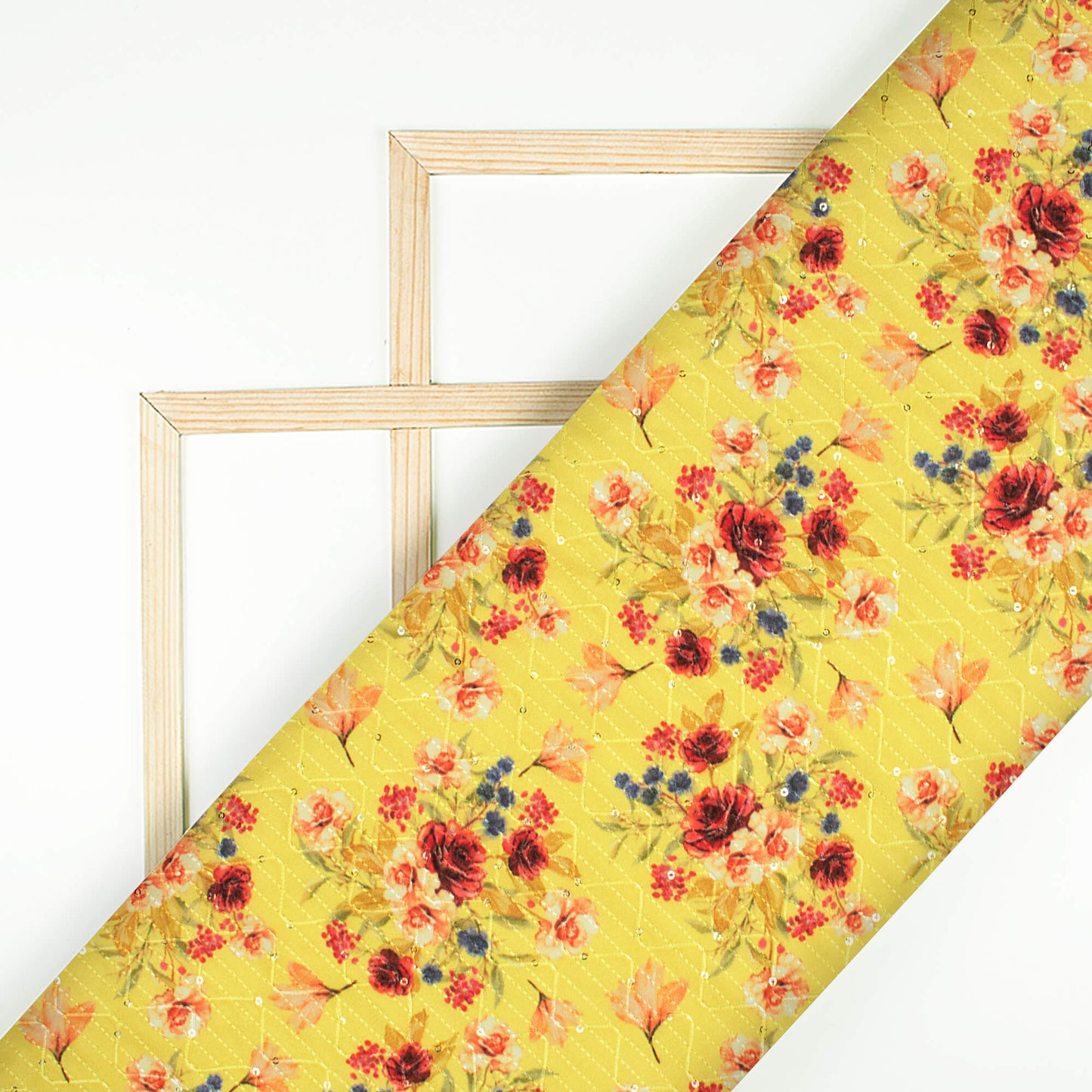 Lemon Yellow And Ruby Red Floral Pattern Sequins Embroidery Digital Print Ultra Premium Butter Crepe Fabric