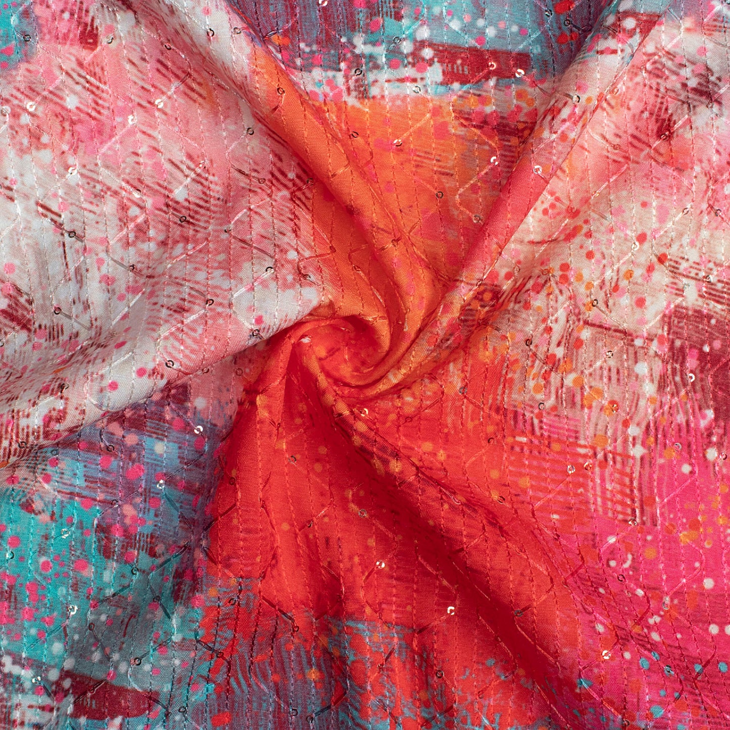 Red And Orange Abstract Pattern Sequins Embroidery Digital Print Ultra Premium Butter Crepe Fabric