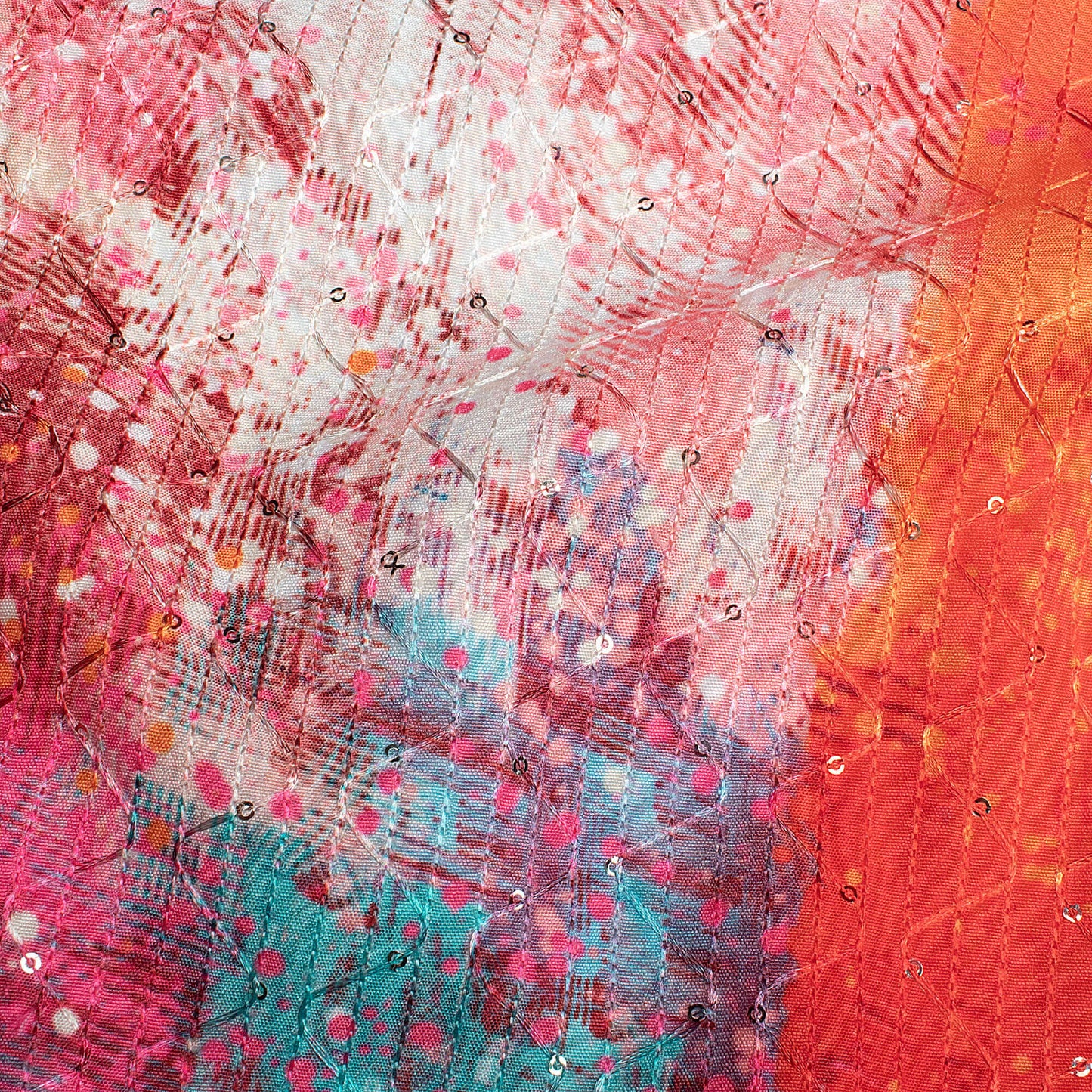 Red And Orange Abstract Pattern Sequins Embroidery Digital Print Ultra Premium Butter Crepe Fabric