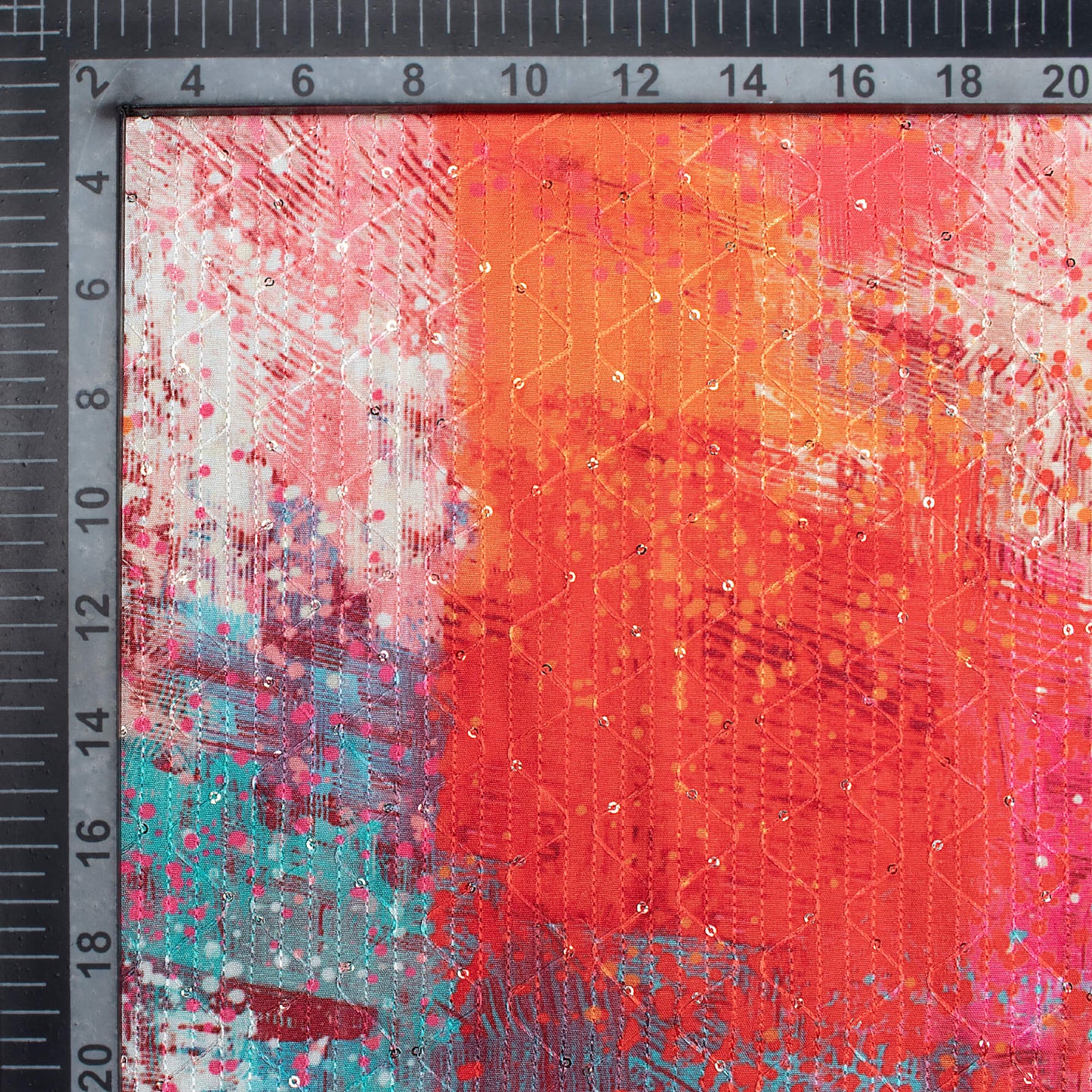 Red And Orange Abstract Pattern Sequins Embroidery Digital Print Ultra Premium Butter Crepe Fabric
