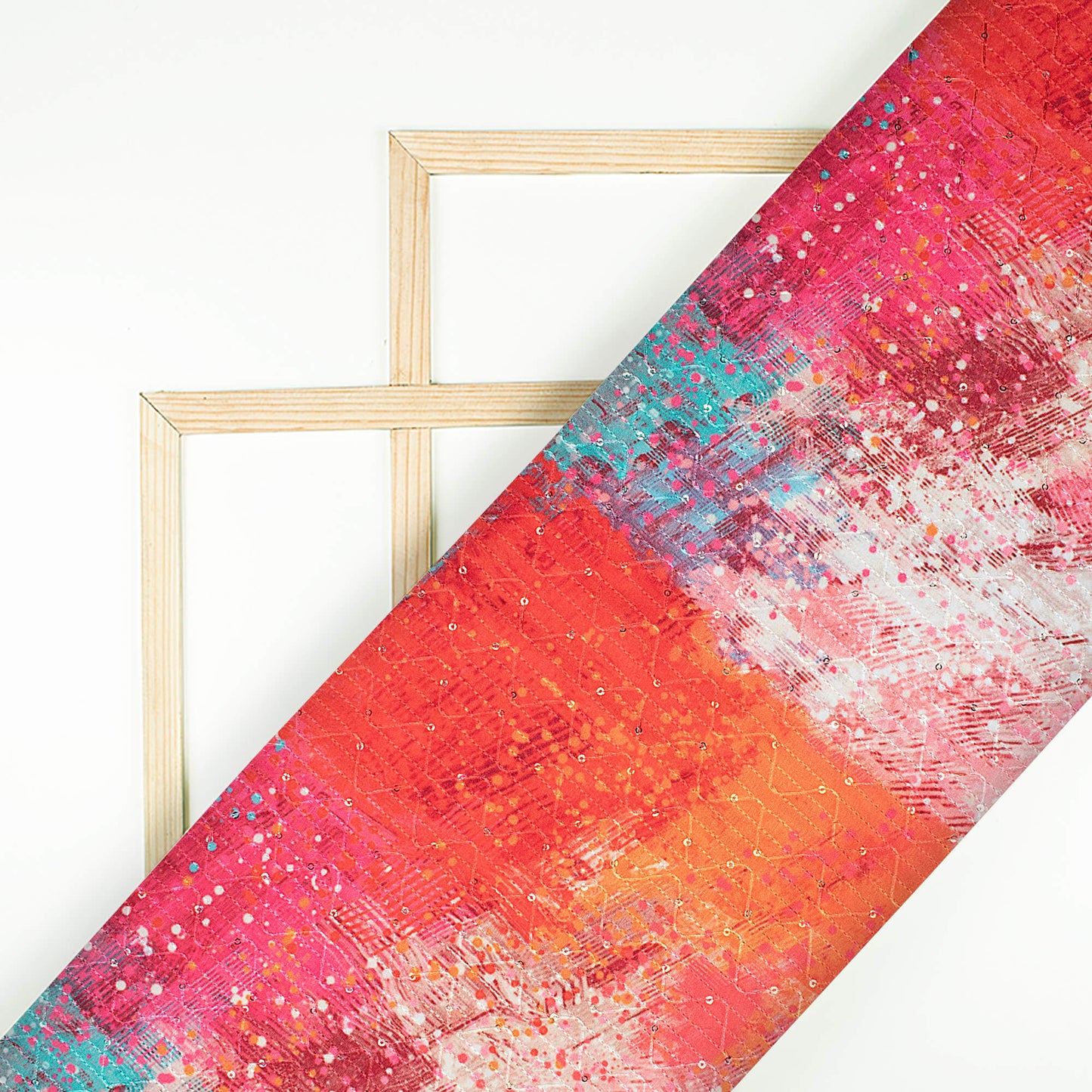 Red And Orange Abstract Pattern Sequins Embroidery Digital Print Ultra Premium Butter Crepe Fabric